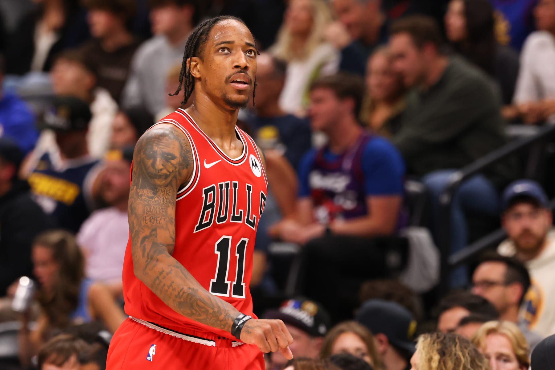 DENVER, COLORADO - NOVEMBER 4: DeMar DeRozan #11 of the Chicago Bulls walks off the court in the second half against the Denver Nuggets at Ball Arena on November 4, 2023 in Denver, Colorado. NOTE TO USER: User expressly acknowledges and agrees that, by downloading and/or using this Photograph, user is consenting to the terms and conditions of the Getty Images License Agreement. (Photo by Justin Tafoya/Getty Images)