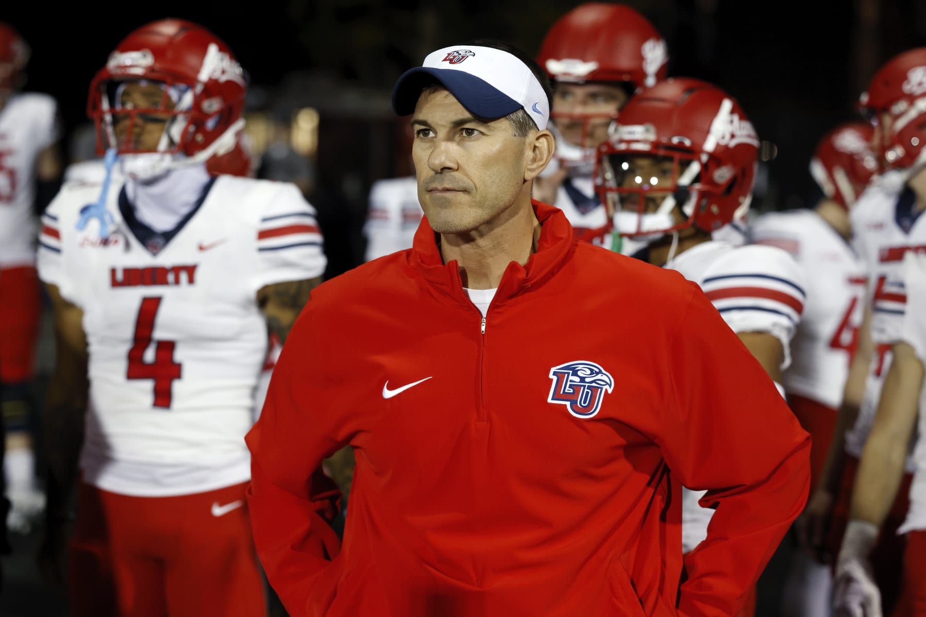 BOWLING GREEN, KY - OCTOBER 24: Liberty Flames head coach Jamey Chadwell stands with his team before a college football game against the Western Kentucky Hilltoppers on October 24, 2023 at Houchens Industries - L. T. Smith Stadium in Bowling Green, Kentucky. (Photo by Joe Robbins/Icon Sportswire via Getty Images)