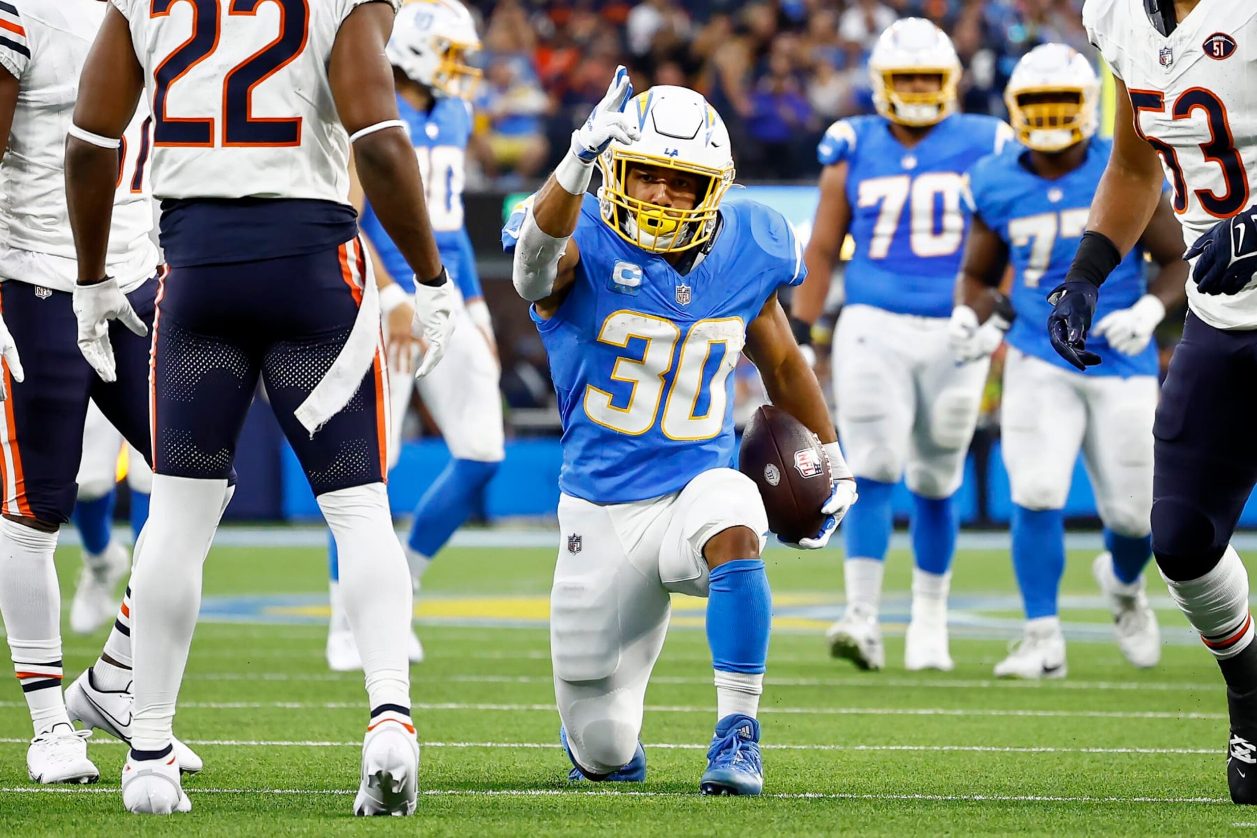 INGLEWOOD, CALIFORNIA - OCTOBER 29: Austin Ekeler #30 of the Los Angeles Chargers reacts in the first quarter against the Chicago Bears at SoFi Stadium on October 29, 2023 in Inglewood, California. (Photo by Ronald Martinez/Getty Images)