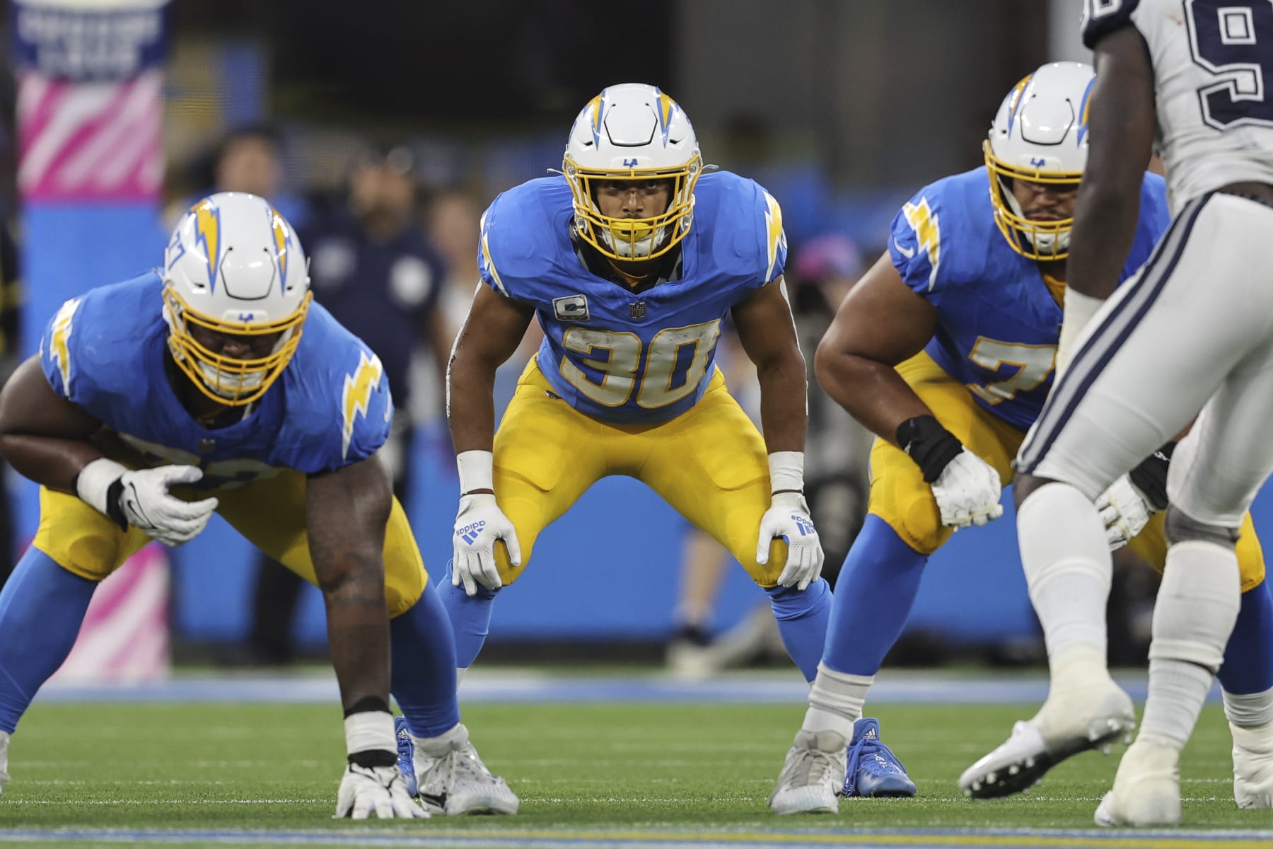 INGLEWOOD, CALIFORNIA - OCTOBER 16: Austin Ekeler #30 of the Los Angeles Chargers lines up during an NFL football game between the Los Angeles Chargers and the Dallas Cowboys at SoFi Stadium on October 16, 2023 in Inglewood, California. (Photo by Michael Owens/Getty Images)