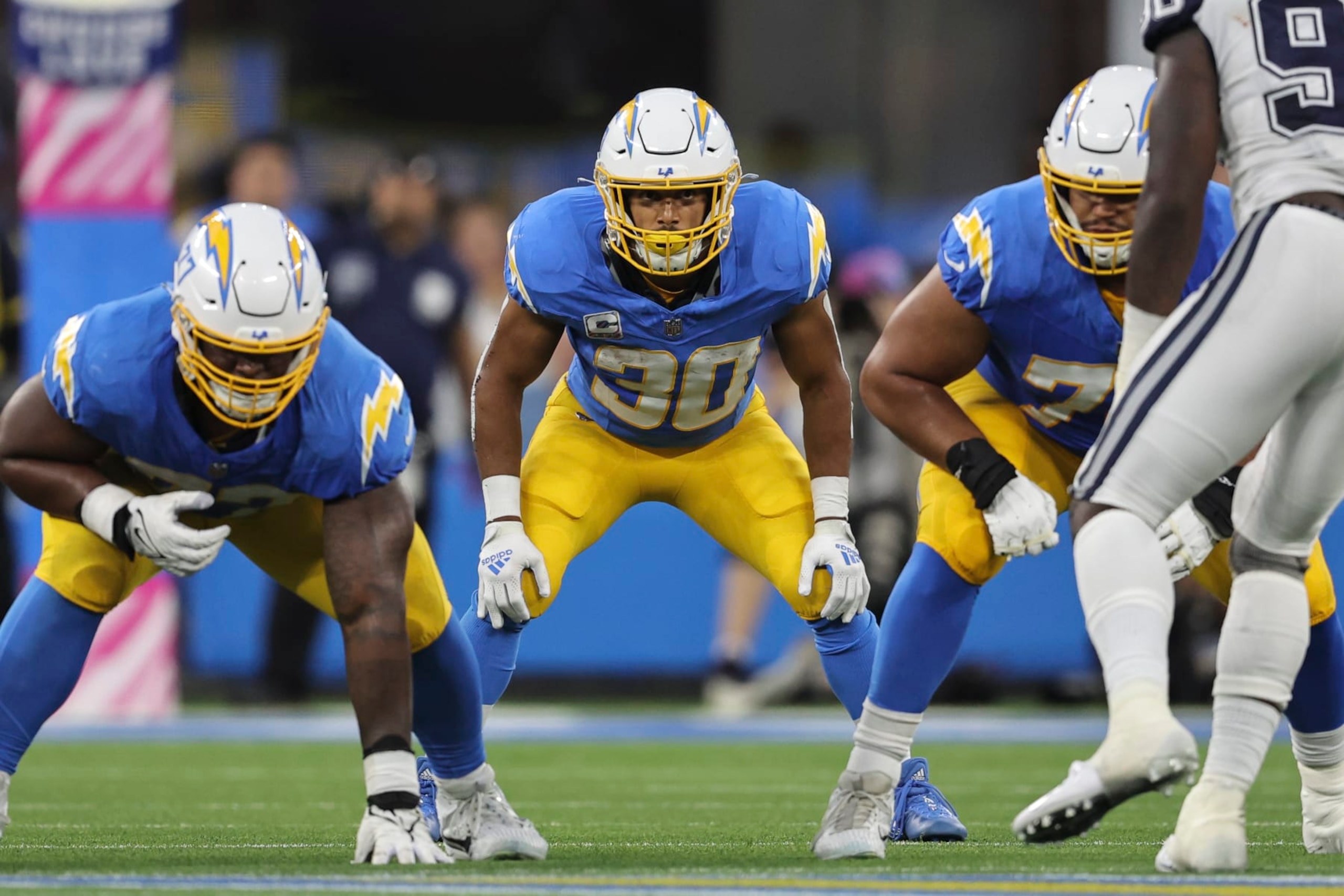 INGLEWOOD, CALIFORNIA - OCTOBER 16: Austin Ekeler #30 of the Los Angeles Chargers lines up during an NFL football game between the Los Angeles Chargers and the Dallas Cowboys at SoFi Stadium on October 16, 2023 in Inglewood, California. (Photo by Michael Owens/Getty Images)