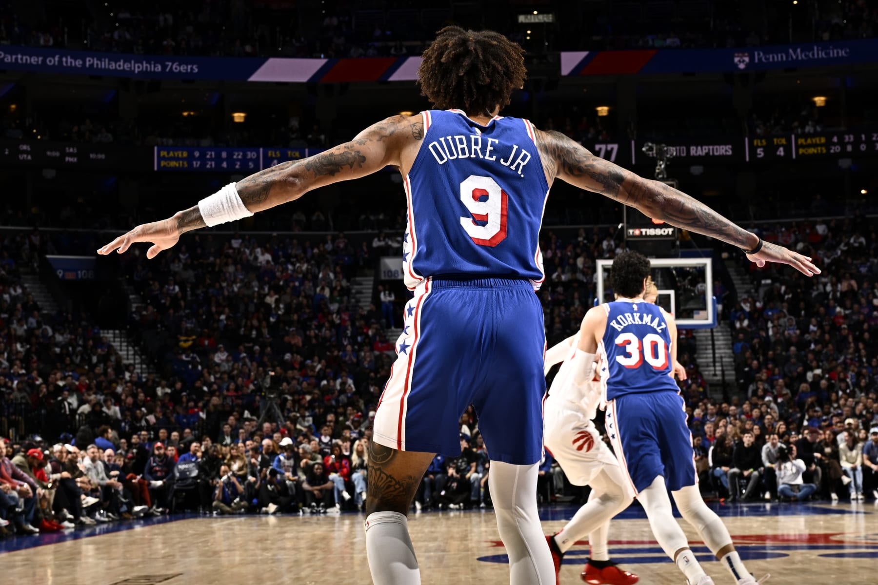 PHILADELPHIA, PA - NOVEMBER 2: Kelly Oubre Jr. looks on during the game against the Toronto Raptors on November 2, 2023 at the Wells Fargo Center in Philadelphia, Pennsylvania NOTE TO USER: User expressly acknowledges and agrees that, by downloading and/or using this Photograph, user is consenting to the terms and conditions of the Getty Images License Agreement. Mandatory Copyright Notice: Copyright 2023 NBAE (Photo by David Dow/NBAE via Getty Images)