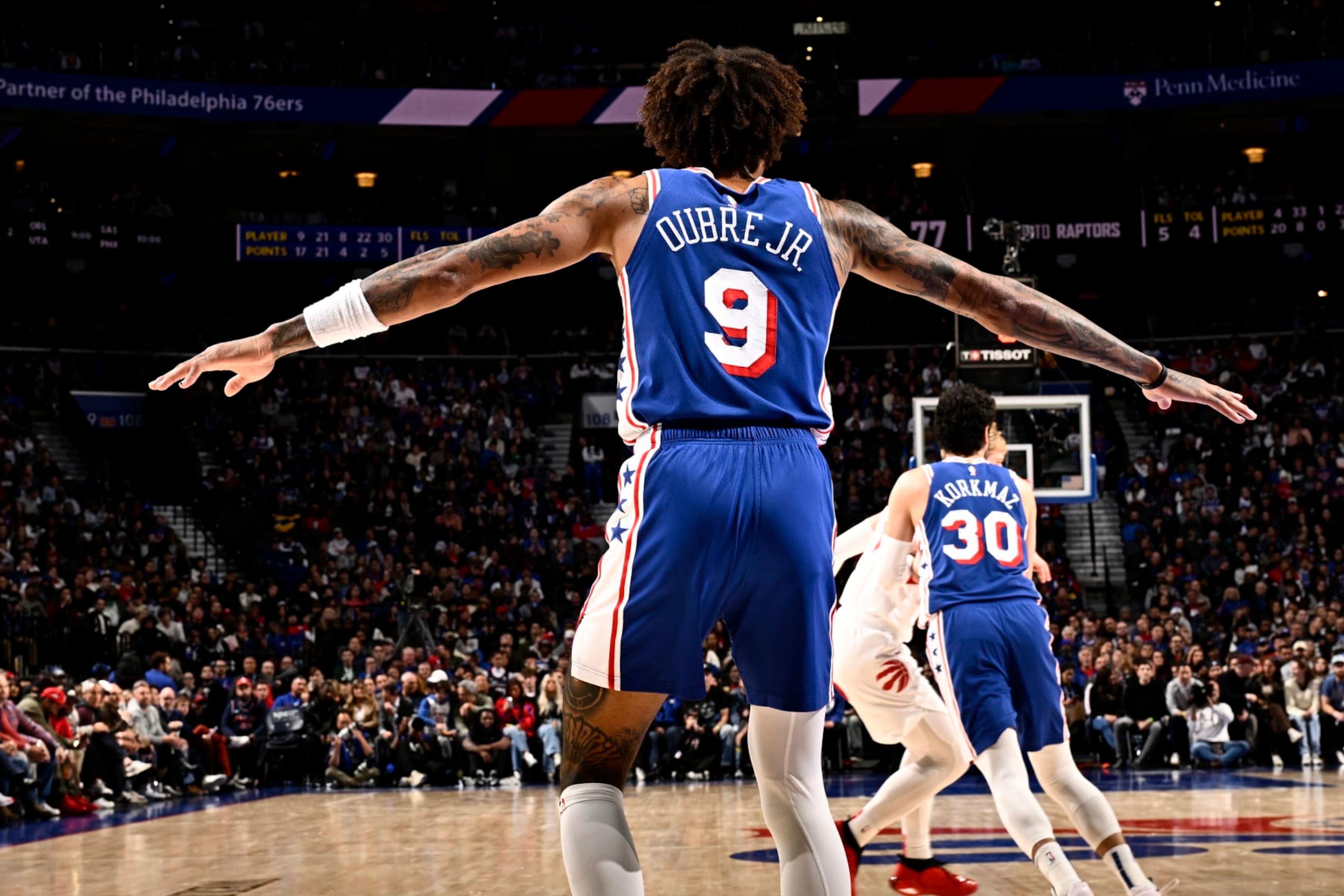PHILADELPHIA, PA - NOVEMBER 2: Kelly Oubre Jr. looks on during the game against the Toronto Raptors on November 2, 2023 at the Wells Fargo Center in Philadelphia, Pennsylvania NOTE TO USER: User expressly acknowledges and agrees that, by downloading and/or using this Photograph, user is consenting to the terms and conditions of the Getty Images License Agreement. Mandatory Copyright Notice: Copyright 2023 NBAE (Photo by David Dow/NBAE via Getty Images)