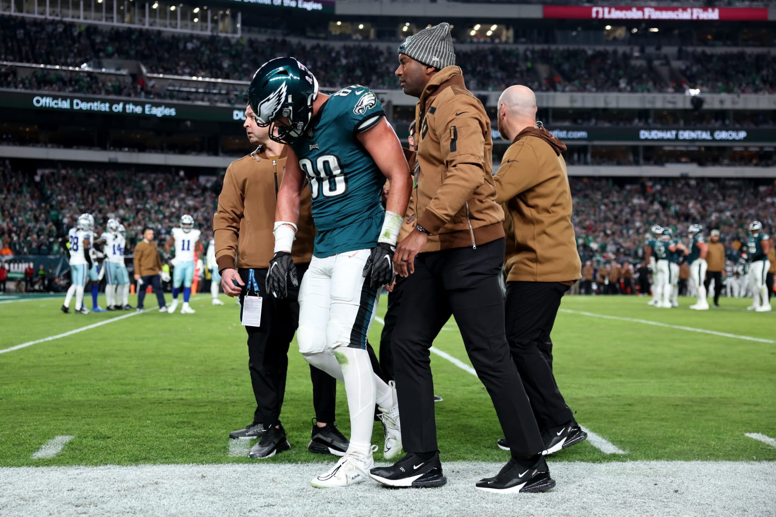 PHILADELPHIA, PENNSYLVANIA - NOVEMBER 05: Dallas Goedert #88 of the Philadelphia Eagles walks off the field with an injury during the second half in the game against the Dallas Cowboys at Lincoln Financial Field on November 05, 2023 in Philadelphia, Pennsylvania. (Photo by Tim Nwachukwu/Getty Images)