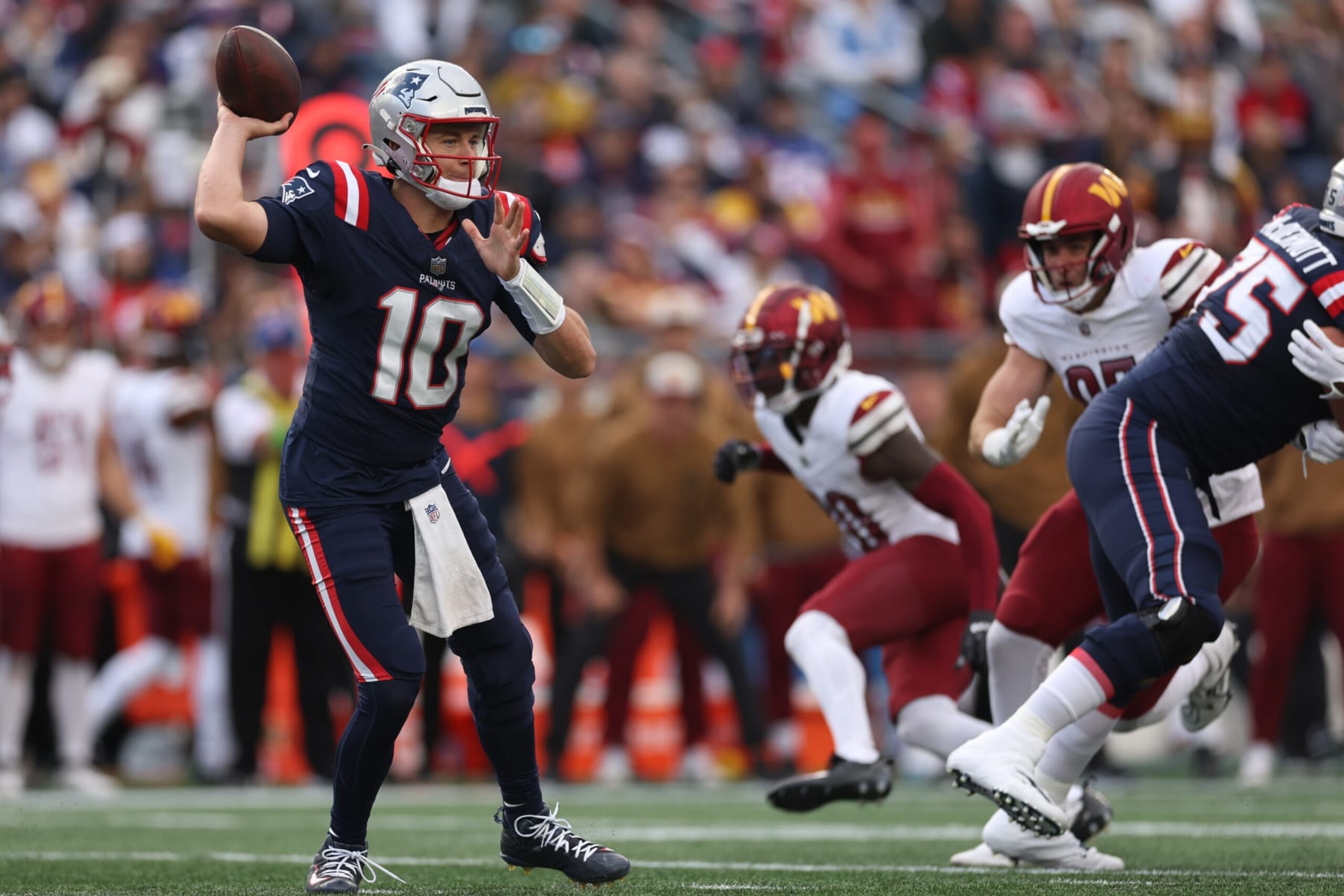 FOXBOROUGH, MASSACHUSETTS - NOVEMBER 05: Mac Jones #10 of the New England Patriots throws a pass against the Washington Commanders during the second half at Gillette Stadium on November 05, 2023 in Foxborough, Massachusetts. (Photo by Maddie Meyer/Getty Images) FOXBOROUGH, MASSACHUSETTS - NOVEMBER 05: Mac Jones #10 of the New England Patriots throws a pass against the Washington Commanders during the second half at Gillette Stadium on November 05, 2023 in Foxborough, Massachusetts. (Photo by Maddie Meyer/Getty Images)