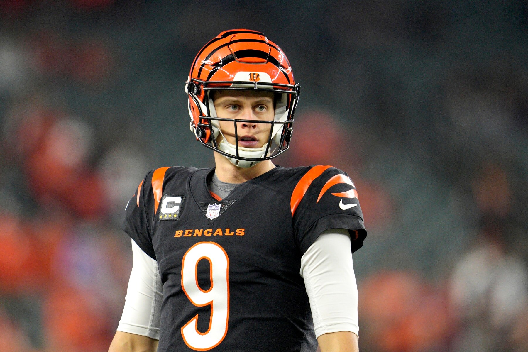 CINCINNATI, OHIO - NOVEMBER 05:  Joe Burrow #9 of the Cincinnati Bengals warms up prior to the game against the Buffalo Bills at Paycor Stadium on November 05, 2023 in Cincinnati, Ohio. (Photo by Jeff Dean/Getty Images)