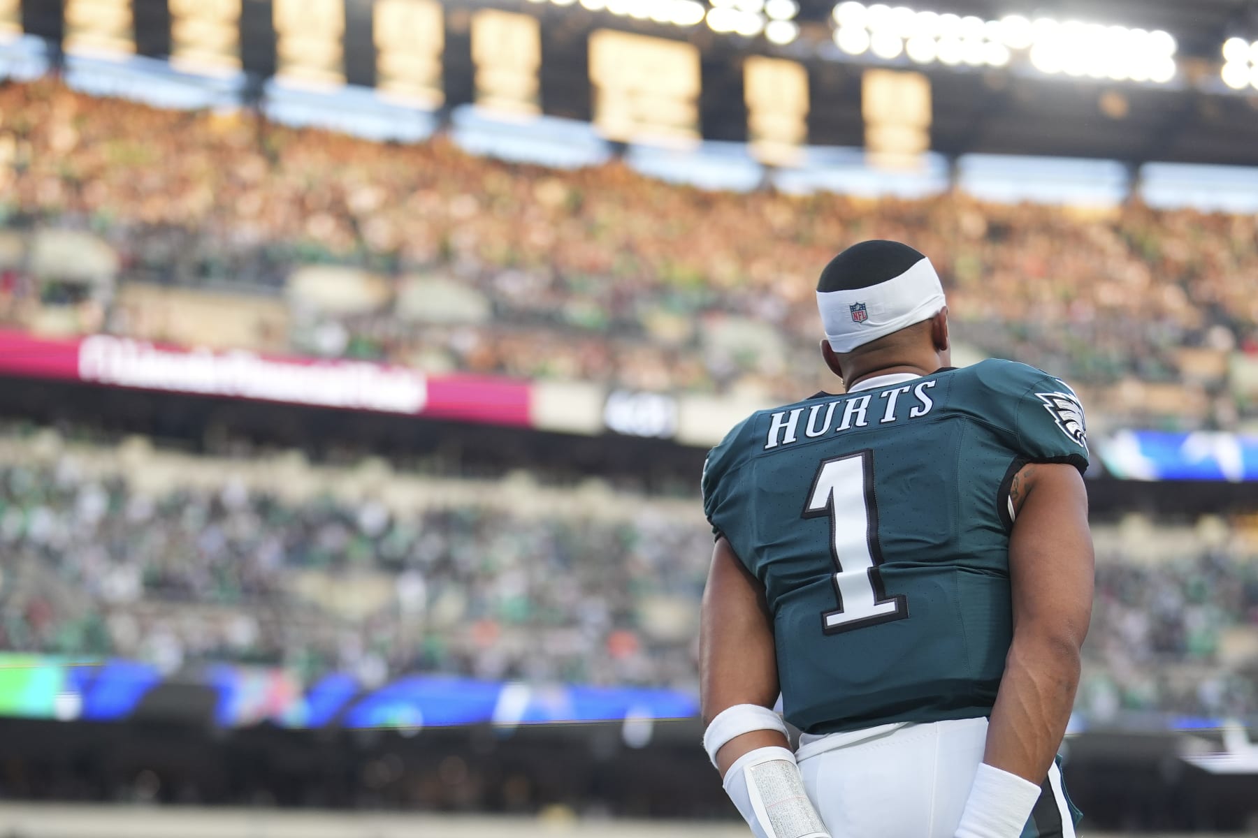 PHILADELPHIA, PENNSYLVANIA - NOVEMBER 5: Jalen Hurts #1 of the Philadelphia Eagles stands for the national anthem against the Dallas Cowboys at Lincoln Financial Field on November 5, 2023 in Philadelphia, Pennsylvania. (Photo by Mitchell Leff/Getty Images)