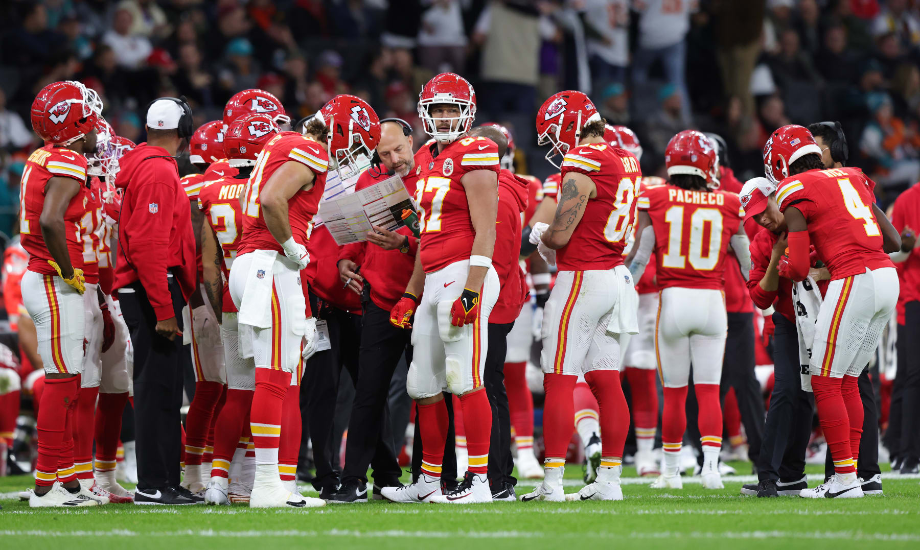 FRANKFURT AM MAIN, GERMANY - NOVEMBER 5: Travis Kelce of Kansas City Chiefs looks on ahead of the NFL match between Miami Dolphins and Kansas City Chiefs at Deutsche Bank Park on November 5, 2023 in Frankfurt am Main, Germany. (Photo by Ralf Ibing - firo sportphoto/Getty Images)