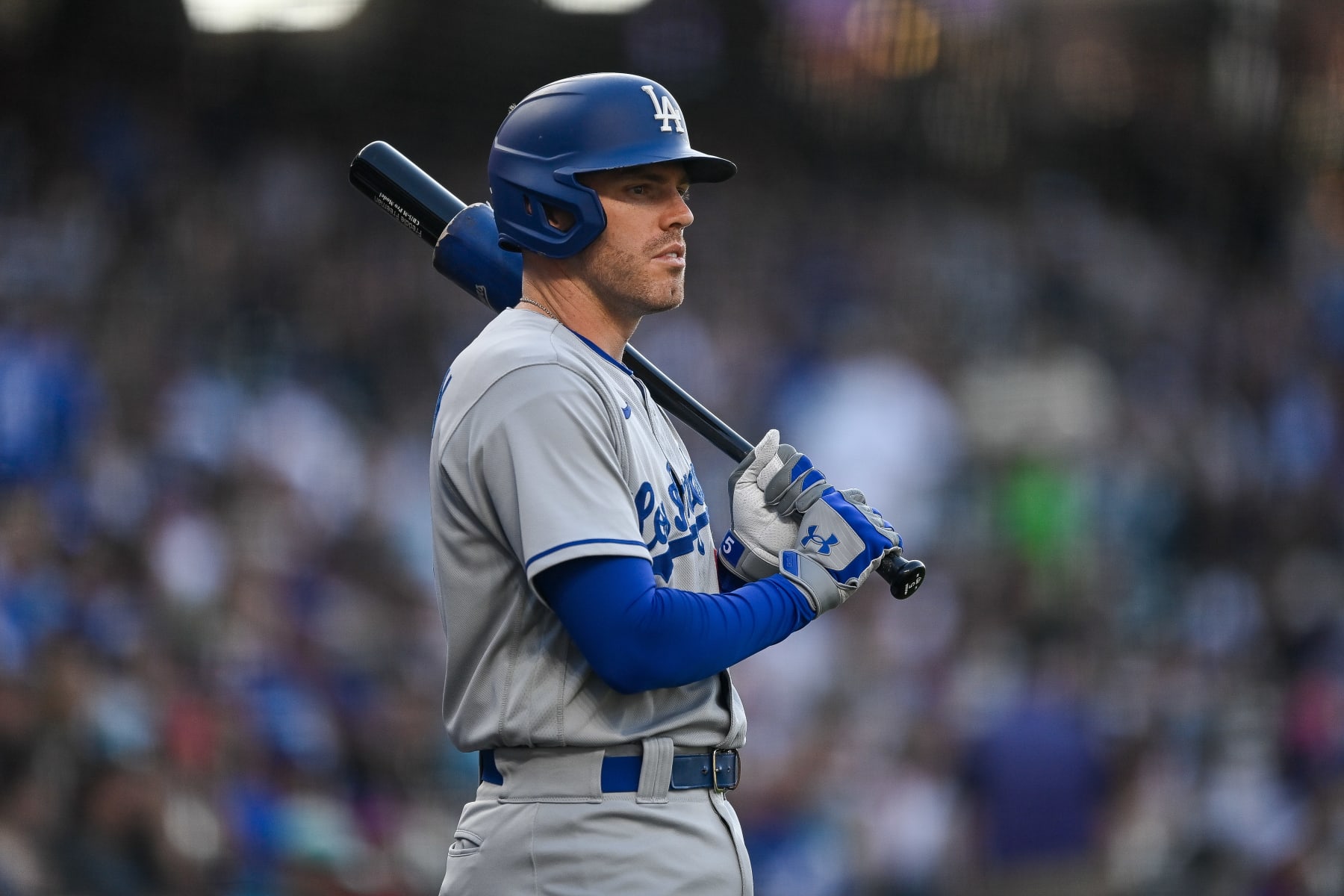 DENVER, CO - JUNE 27: Los Angeles Dodgers first baseman Freddie Freeman (5) prepares to bat in the first inning during a game between the Los Angeles Dodgers and the Colorado Rockies at Coors Field on June 27, 2023 in Denver, Colorado. (Photo by Dustin Bradford/Icon Sportswire via Getty Images)