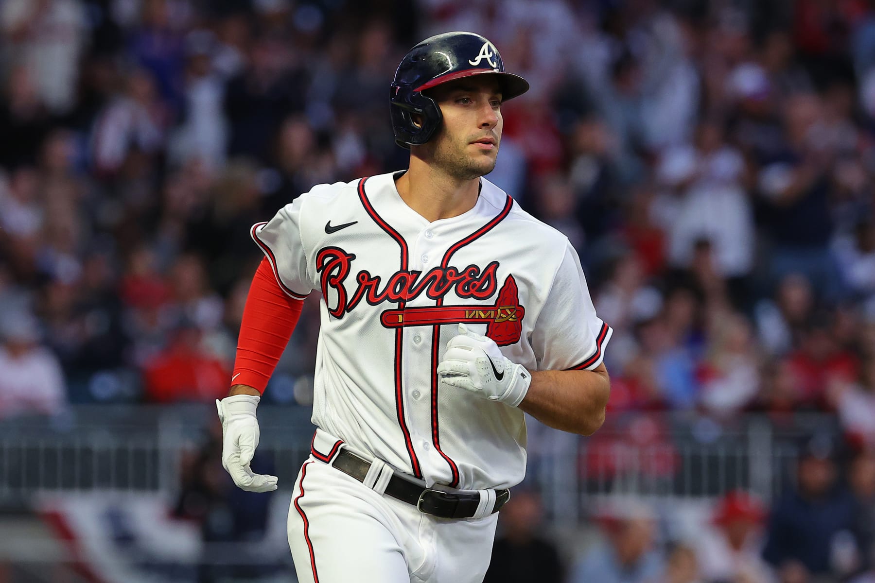 ATLANTA, GEORGIA - OCTOBER 07: Matt Olson #28 of the Atlanta Braves hits a single during the fourth inning against the Philadelphia Phillies during Game One of the Division Series at Truist Park on October 07, 2023 in Atlanta, Georgia. (Photo by Kevin C. Cox/Getty Images)