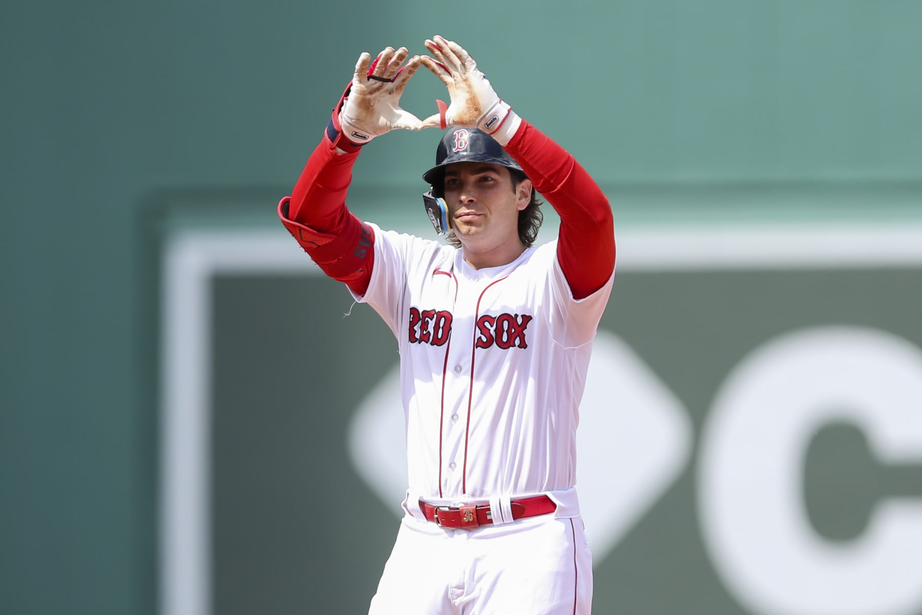 Boston, MA - August 27: Boston Red Sox 1B Triston Casas gestures to his dugout after hitting a first inning double. The Red Sox lost to the Los Angeles Dodgers, 7-4. (Photo by Tanner Pearson/The Boston Globe via Getty Images)