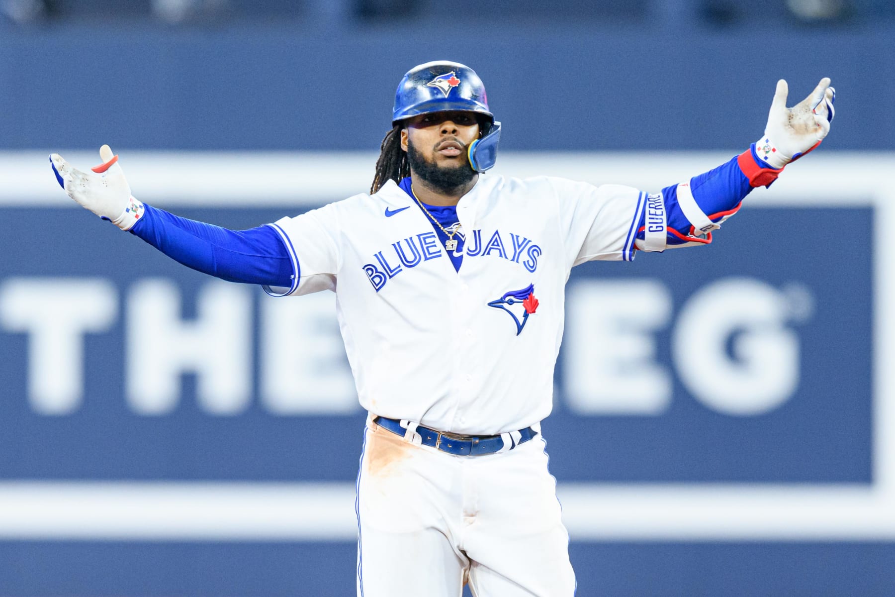TORONTO, ON - SEPTEMBER 26: Toronto Blue Jays First base Vladimir Guerrero Jr. (27) reacts after hitting a double during the MLB baseball regular season game between the Tampa Bay Rays and the Toronto Blue Jays on September 29, 2023, at Rogers Centre in Toronto, ON, Canada. (Photo by Julian Avram/Icon Sportswire via Getty Images)