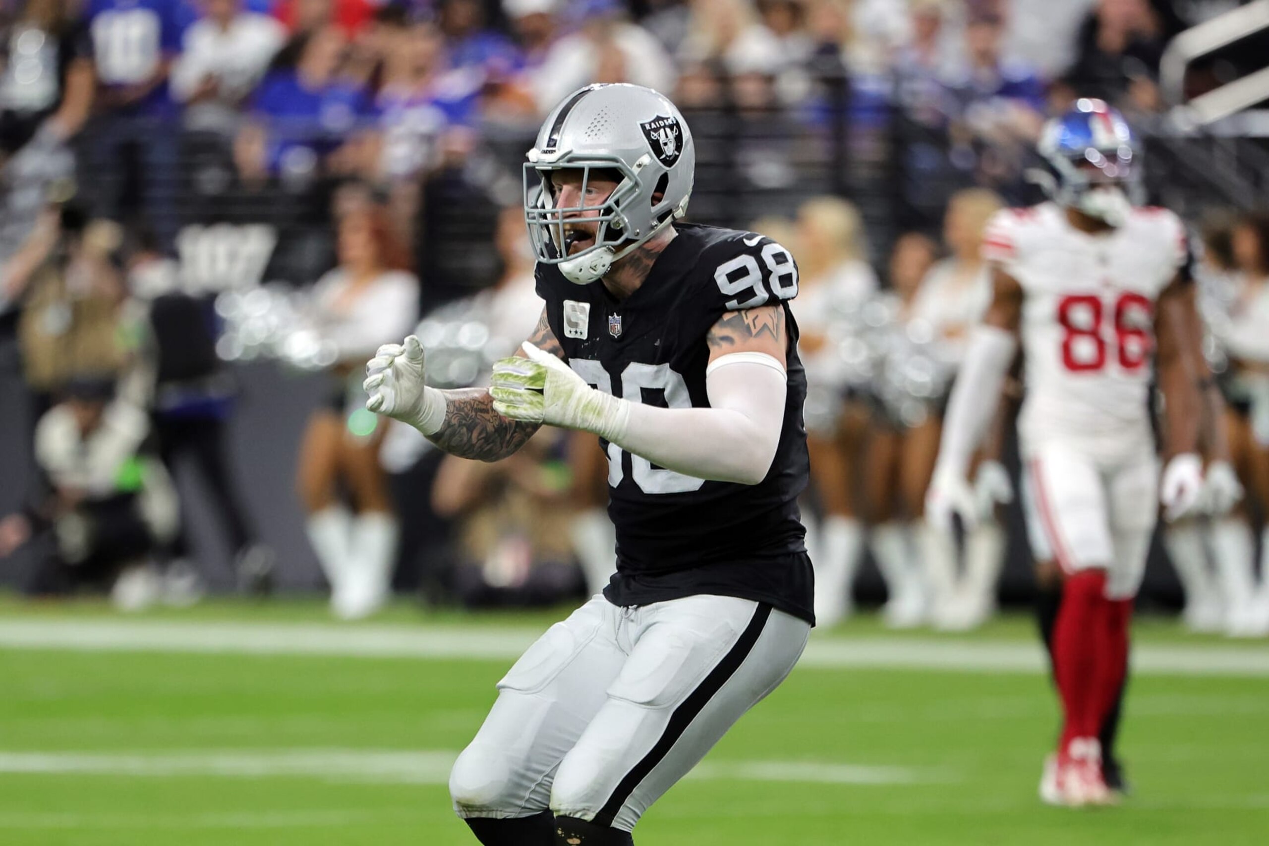 LAS VEGAS, NEVADA - NOVEMBER 05: Maxx Crosby #98 of the Las Vegas Raiders reacts after a play in the second quarter of a game at Allegiant Stadium on November 05, 2023 in Las Vegas, Nevada. (Photo by Ethan Miller/Getty Images)