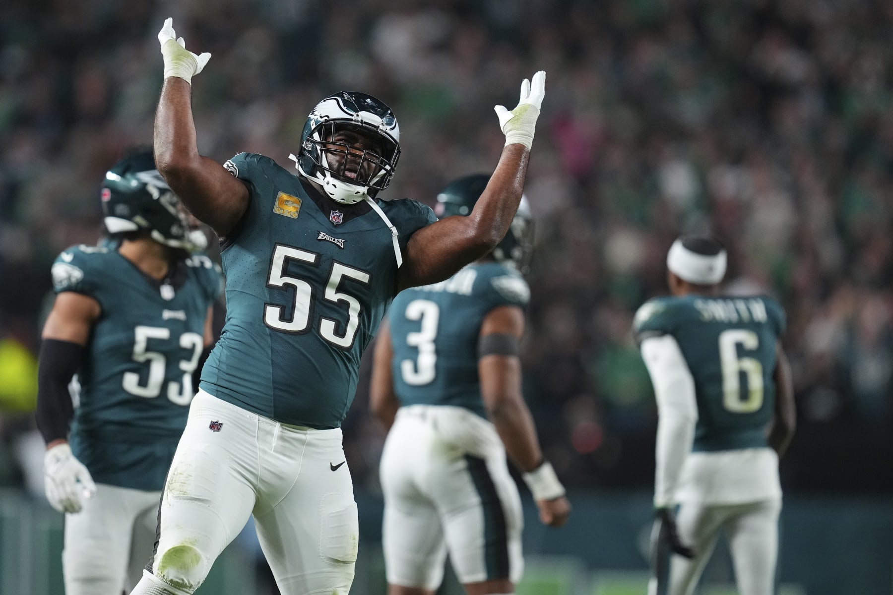 PHILADELPHIA, PENNSYLVANIA - NOVEMBER 5: Brandon Graham #55 of the Philadelphia Eagles reacts against the Dallas Cowboys at Lincoln Financial Field on November 5, 2023 in Philadelphia, Pennsylvania. (Photo by Mitchell Leff/Getty Images)
