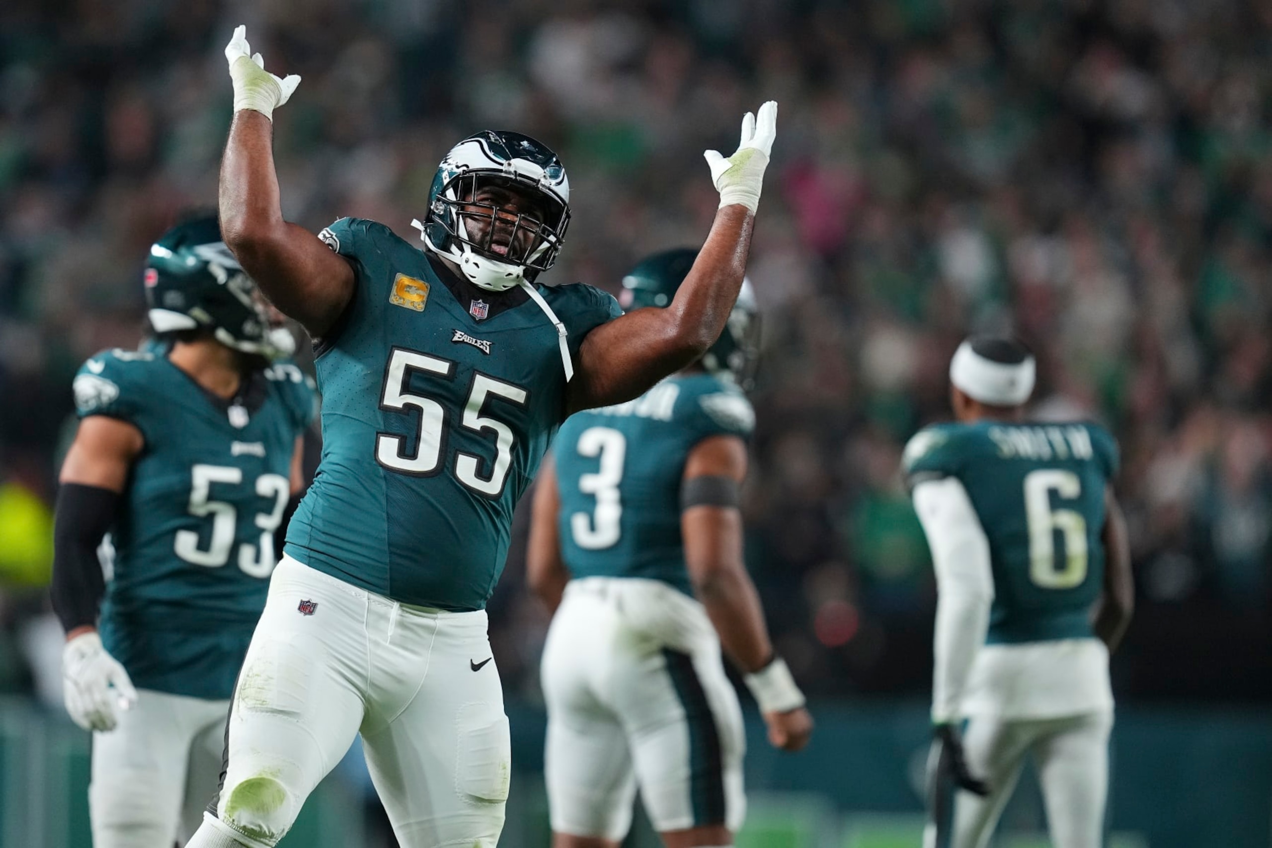 PHILADELPHIA, PENNSYLVANIA - NOVEMBER 5: Brandon Graham #55 of the Philadelphia Eagles reacts against the Dallas Cowboys at Lincoln Financial Field on November 5, 2023 in Philadelphia, Pennsylvania. (Photo by Mitchell Leff/Getty Images)