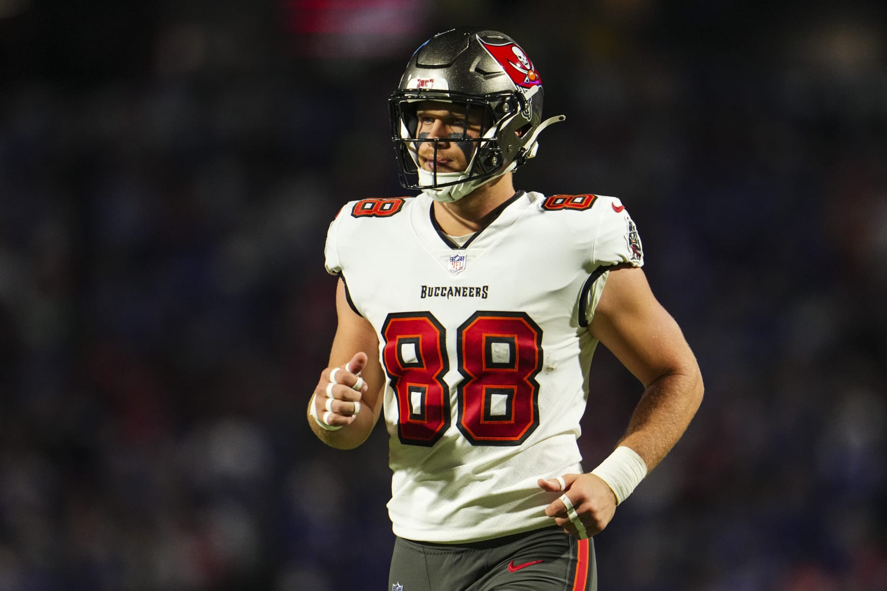 ORCHARD PARK, NY - OCTOBER 26: Cade Otton #88 of the Tampa Bay Buccaneers runs across the field during an NFL football game against the Buffalo Bills at Highmark Stadium on October 26, 2023 in Orchard Park, New York. (Photo by Cooper Neill/Getty Images)
