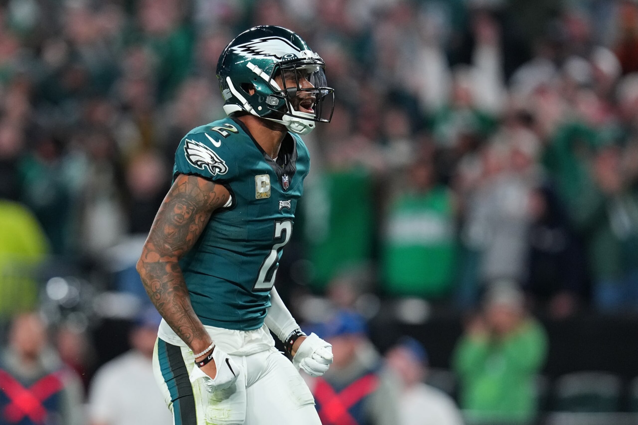 PHILADELPHIA, PENNSYLVANIA - NOVEMBER 05: Darius Slay #2 of the Philadelphia Eagles celebrates during the fourth quarter in the game against the Dallas Cowboys at Lincoln Financial Field on November 05, 2023 in Philadelphia, Pennsylvania. (Photo by Mitchell Leff/Getty Images)