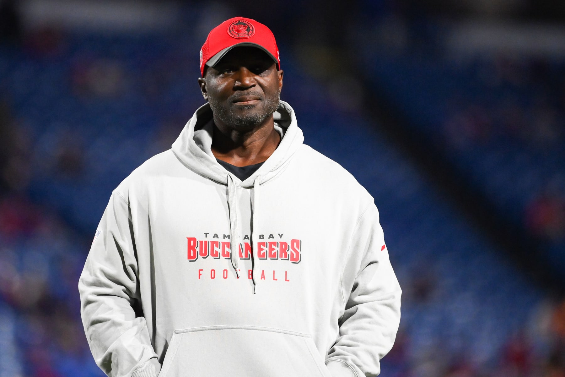 ORCHARD PARK, NEW YORK - OCTOBER 26: Head coach Todd Bowles of the Tampa Bay Buccaneers looks on prior to a game against the Buffalo Bills at Highmark Stadium on October 26, 2023 in Orchard Park, New York. (Photo by Rich Barnes/Getty Images)