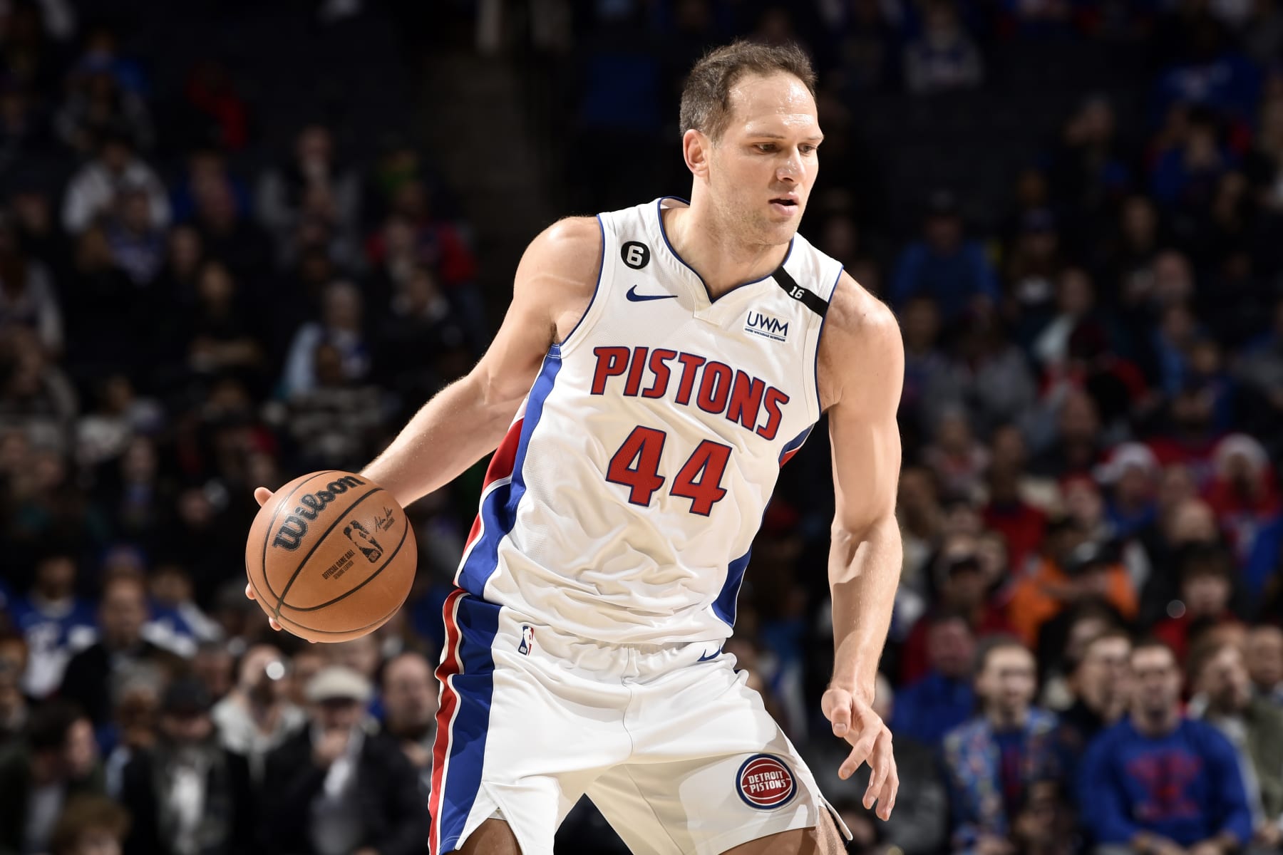 PHILADELPHIA, PA - DECEMBER 21: Bojan Bogdanovic #44 of the Detroit Pistons dribbles the ball during the game against the Philadelphia 76ers on December 21, 2022 at the Wells Fargo Center in Philadelphia, Pennsylvania NOTE TO USER: User expressly acknowledges and agrees that, by downloading and/or using this Photograph, user is consenting to the terms and conditions of the Getty Images License Agreement. Mandatory Copyright Notice: Copyright 2022 NBAE (Photo by David Dow/NBAE via Getty Images)