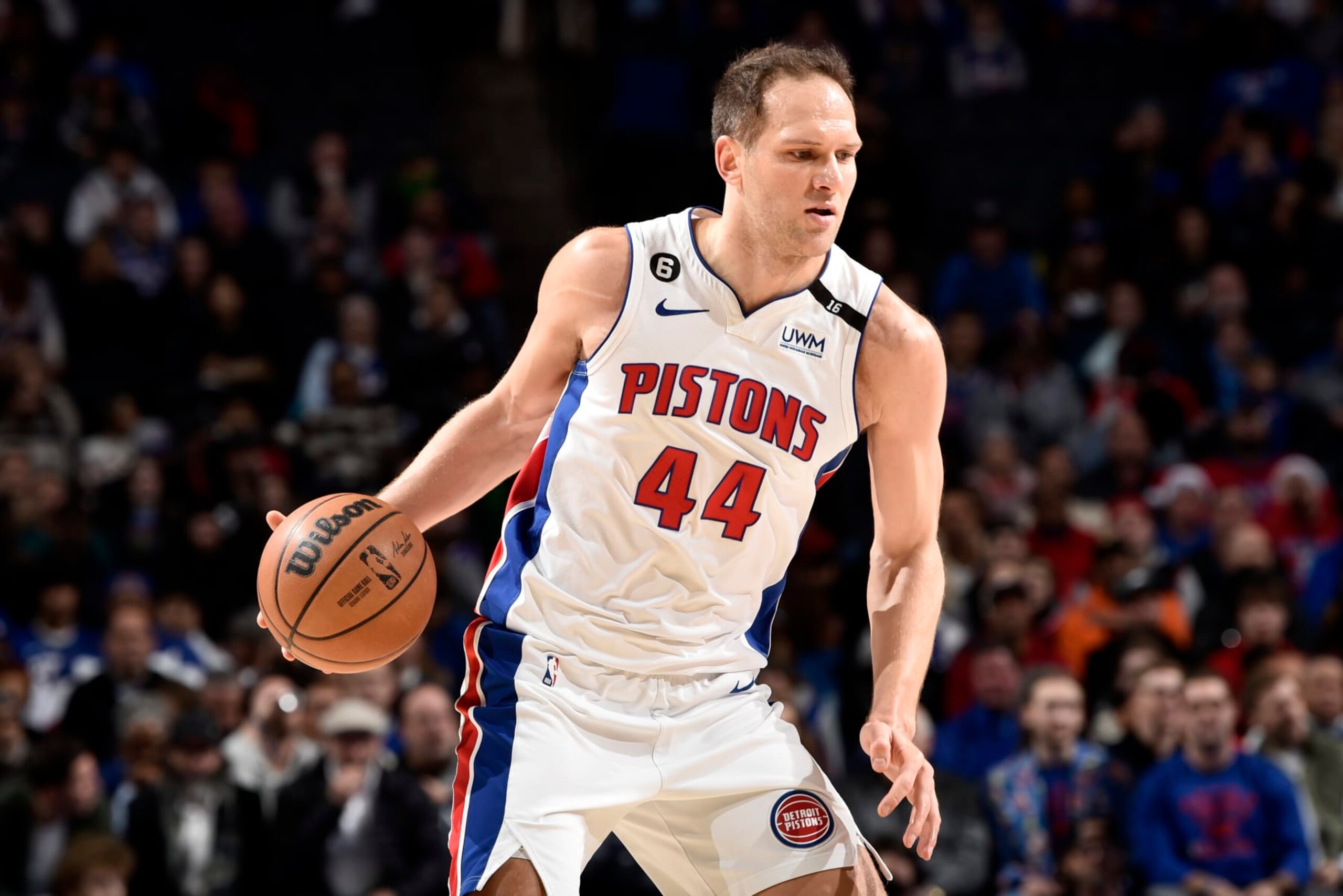 PHILADELPHIA, PA - DECEMBER 21: Bojan Bogdanovic #44 of the Detroit Pistons dribbles the ball during the game against the Philadelphia 76ers on December 21, 2022 at the Wells Fargo Center in Philadelphia, Pennsylvania NOTE TO USER: User expressly acknowledges and agrees that, by downloading and/or using this Photograph, user is consenting to the terms and conditions of the Getty Images License Agreement. Mandatory Copyright Notice: Copyright 2022 NBAE (Photo by David Dow/NBAE via Getty Images)