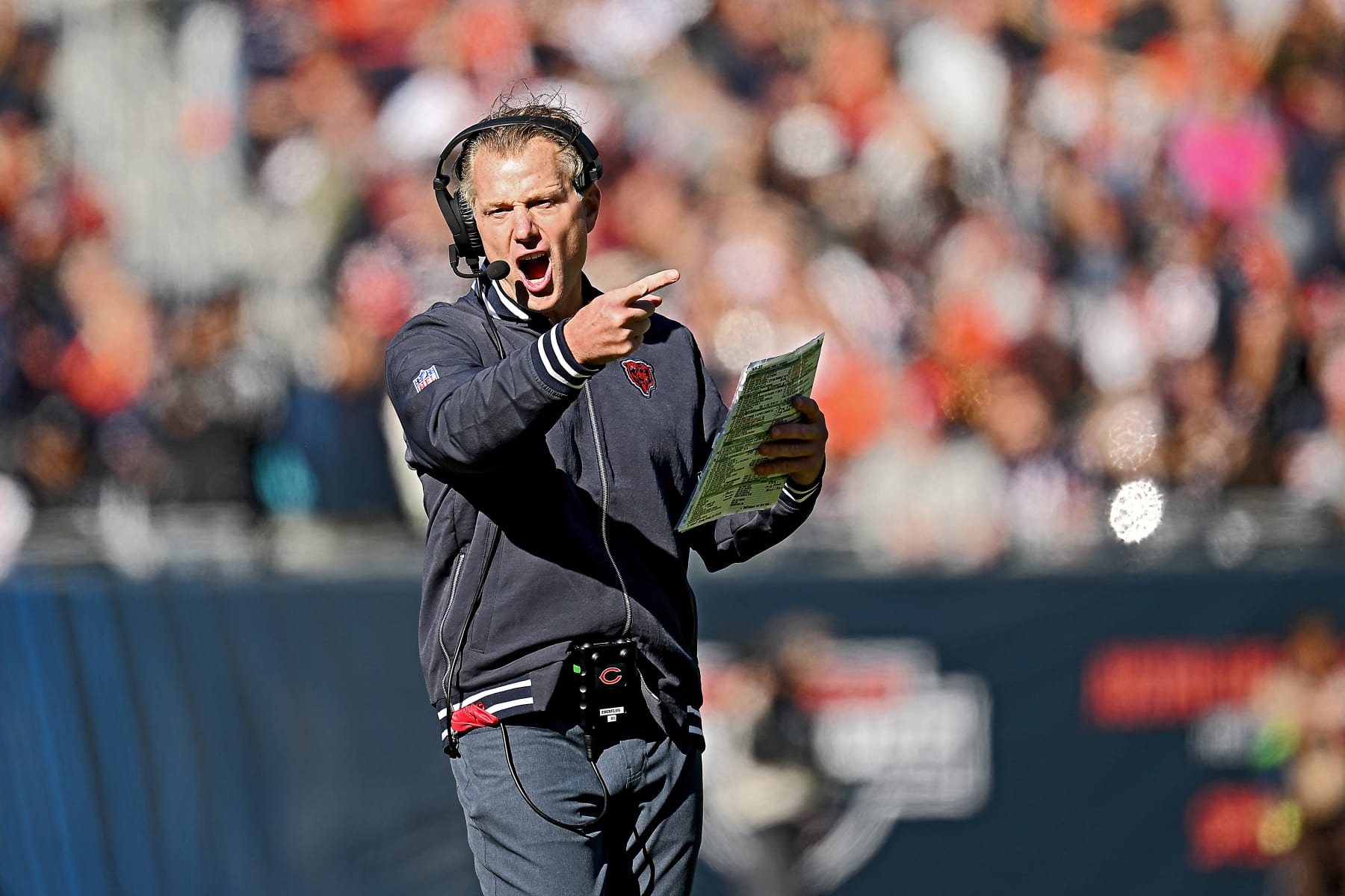 CHICAGO, ILLINOIS - OCTOBER 22: Chicago Bears head coach Matt Eberflus yells from the sideline during the second half against the Las Vegas Raiders at Soldier Field on October 22, 2023 in Chicago, Illinois. (Photo by Quinn Harris/Getty Images)