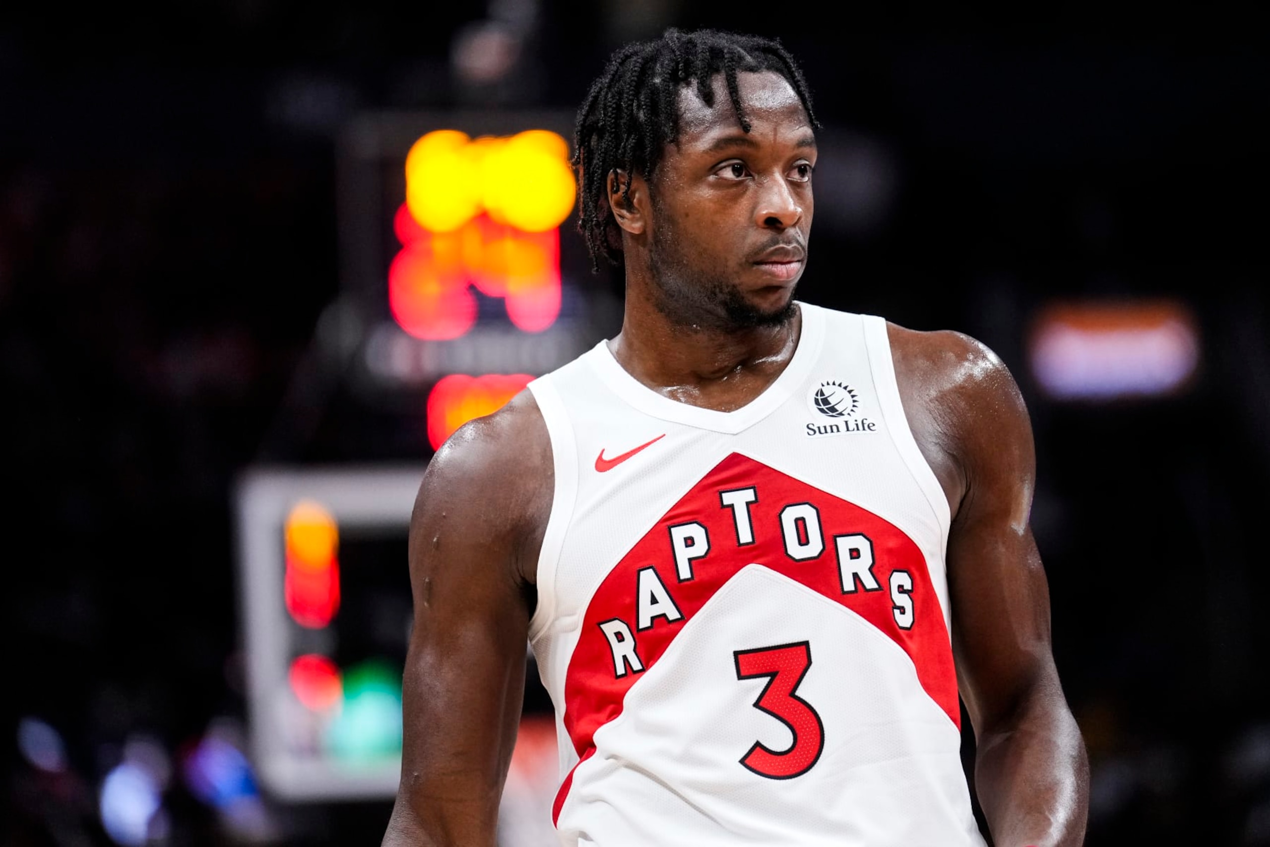 TORONTO, ON - OCTOBER 30: O.G. Anunoby #3 of the Toronto Raptors look so against the Portland Trail Blazers during the second half of their basketball game at the Scotiabank Arena on October 30, 2023 in Toronto, Ontario, Canada. NOTE TO USER: User expressly acknowledges and agrees that, by downloading and/or using this Photograph, user is consenting to the terms and conditions of the Getty Images License Agreement. (Photo by Mark Blinch/Getty Images)