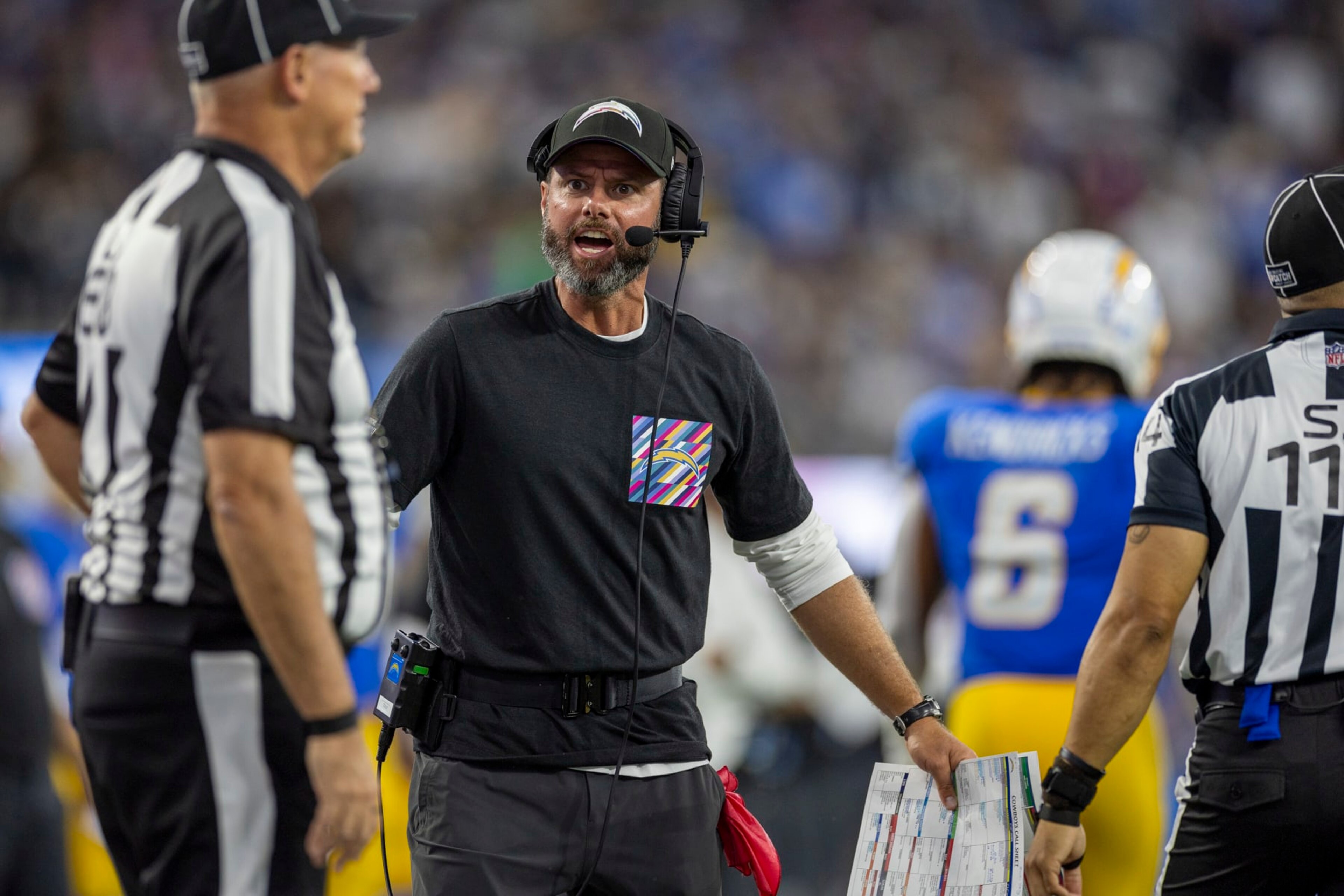 Inglewood, CA, Monday, October 16, 2023 - Chargers head coach Brandon Staley yells at an official as the defense struggles late in the game to stop the Dallas Cowboys at SoFi Stadium.  (Robert Gauthier/Los Angeles Times via Getty Images)