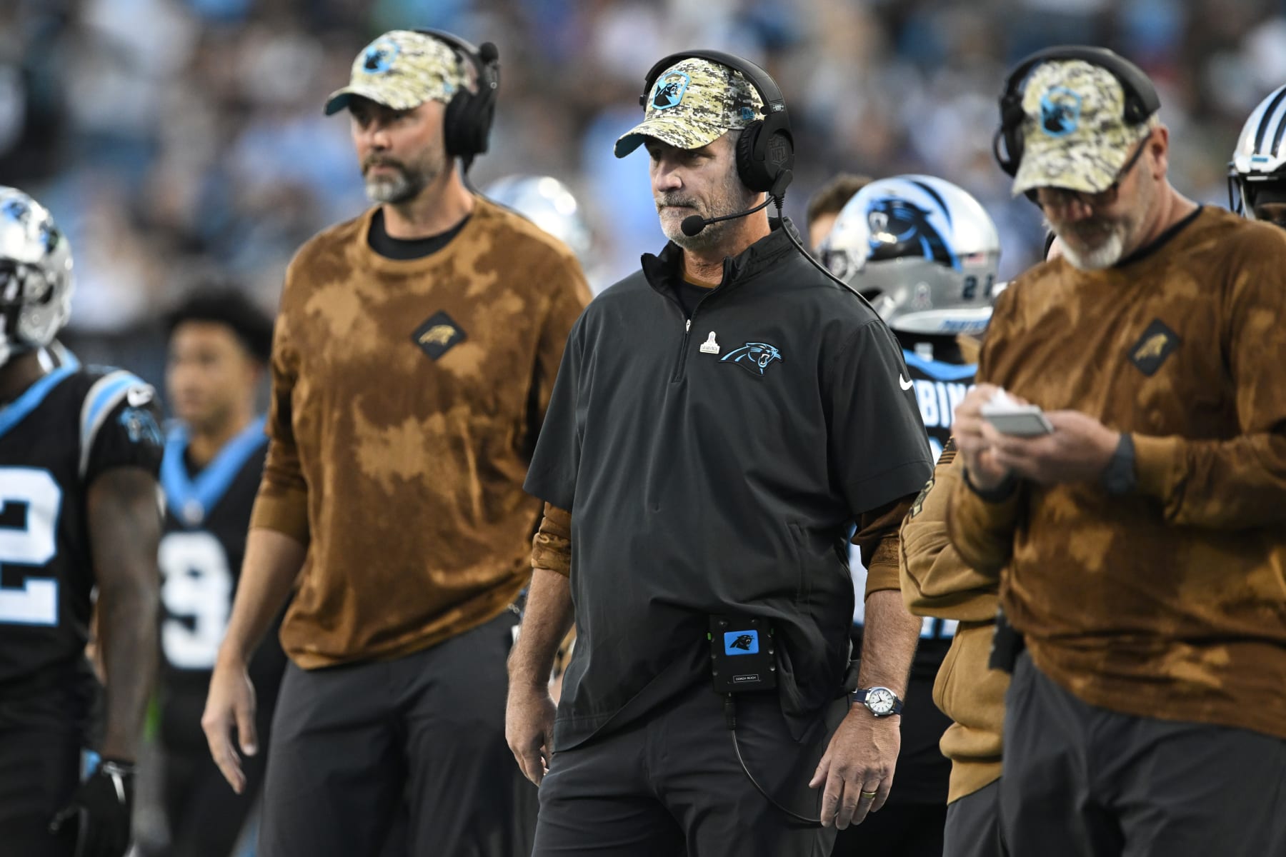 CHARLOTTE, NORTH CAROLINA - NOVEMBER 05: Head coach Frank Reich of the Carolina Panthers looks on during the first half of the game against the Indianapolis Colts at Bank of America Stadium on November 05, 2023 in Charlotte, North Carolina. (Photo by Eakin Howard/Getty Images)
