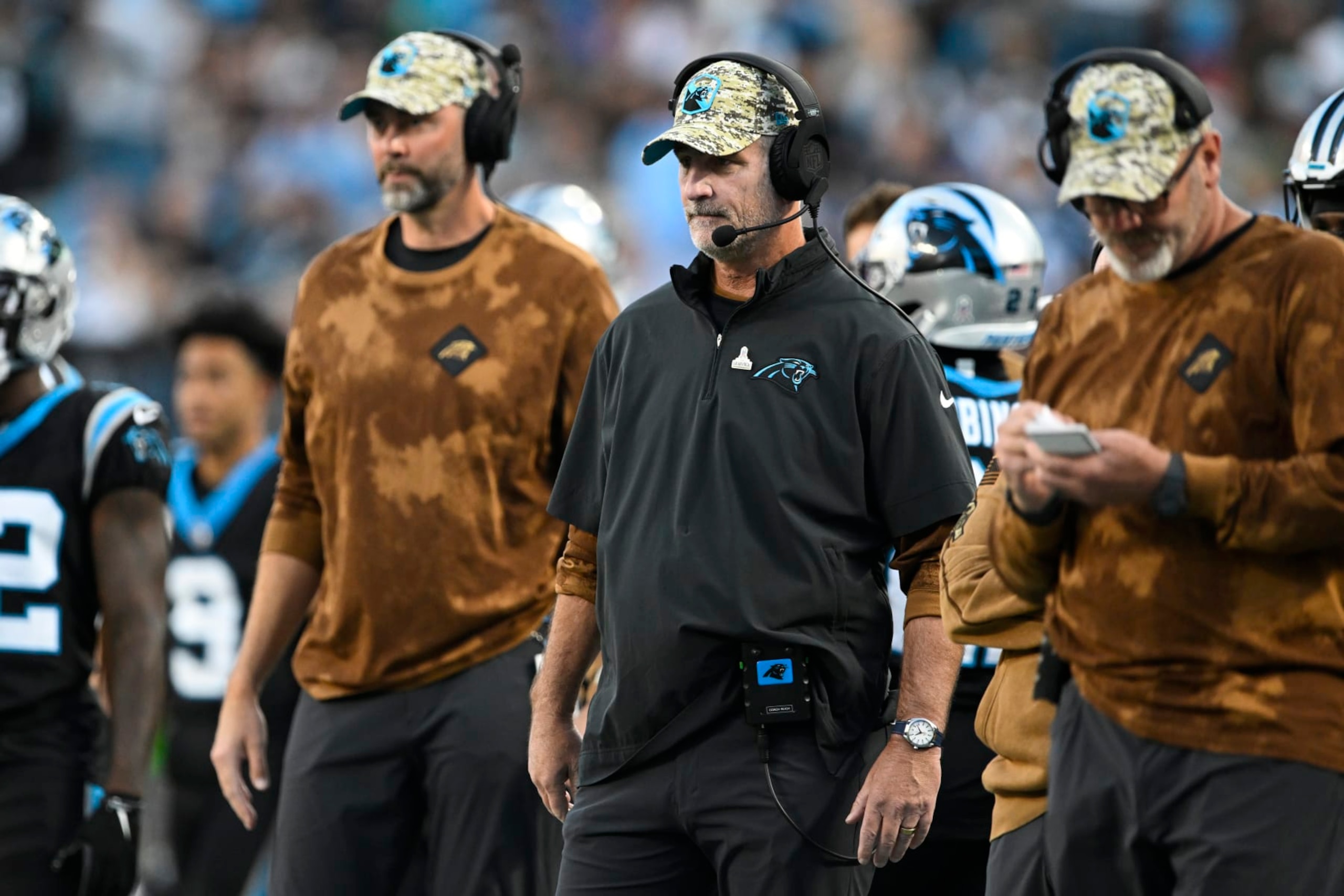 CHARLOTTE, NORTH CAROLINA - NOVEMBER 05: Head coach Frank Reich of the Carolina Panthers looks on during the first half of the game against the Indianapolis Colts at Bank of America Stadium on November 05, 2023 in Charlotte, North Carolina. (Photo by Eakin Howard/Getty Images) CHARLOTTE, NORTH CAROLINA - NOVEMBER 05: Head coach Frank Reich of the Carolina Panthers looks on during the first half of the game against the Indianapolis Colts at Bank of America Stadium on November 05, 2023 in Charlotte, North Carolina. (Photo by Eakin Howard/Getty Images)