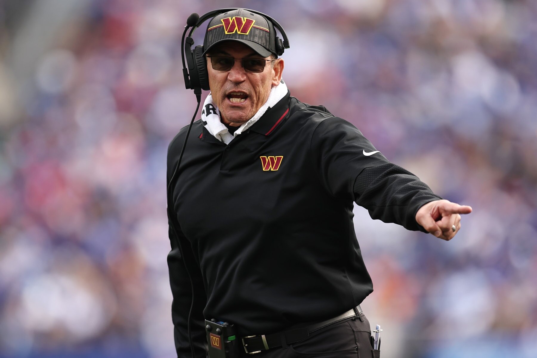 EAST RUTHERFORD, NEW JERSEY - OCTOBER 22: Head Coach Ron Rivera of the Washington Commanders reacts during the second half of the game against the New York Giants at MetLife Stadium on October 22, 2023 in East Rutherford, New Jersey. (Photo by Dustin Satloff/Getty Images)