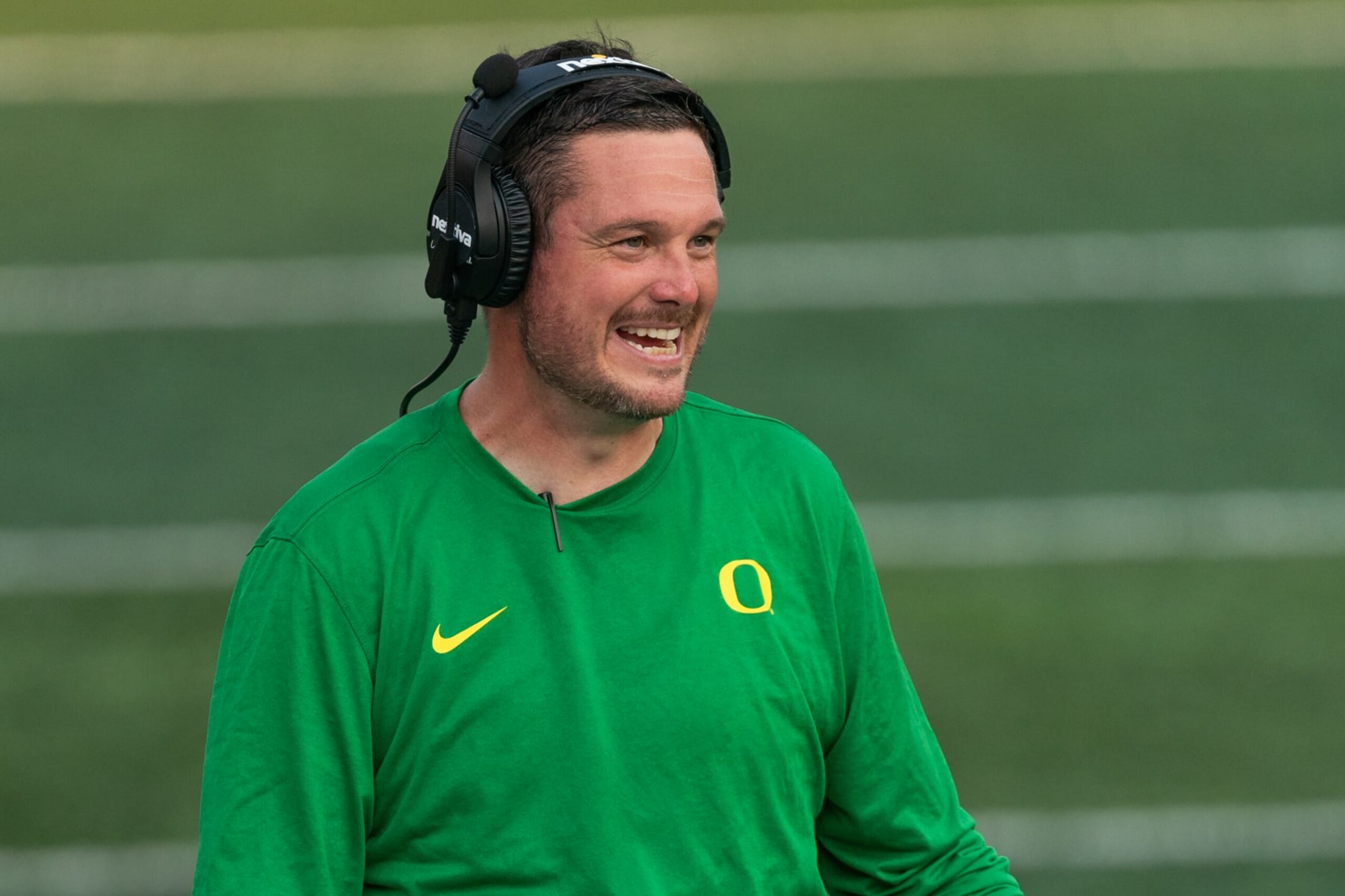 EUGENE, OREGON - SEPTEMBER 16: Head Coach Dan Lanning of the Oregon Ducks looks on from the sideline during the first half of the game against the Hawaii Rainbow Warriors at Autzen Stadium on September 16, 2023 in Eugene, Oregon. (Photo by Ali Gradischer/Getty Images)