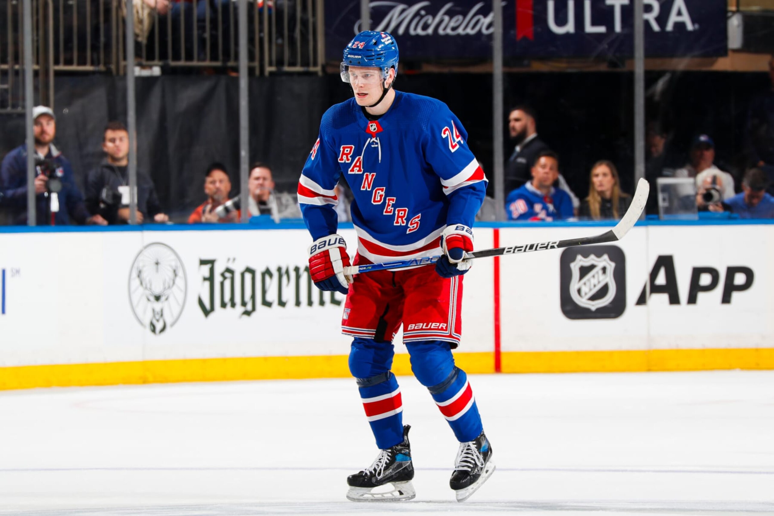 NEW YORK, NEW YORK - OCTOBER 19:  Kaapo Kakko #24 of the New York Rangers skates against the Nashville Predators at Madison Square Garden on October 19, 2023 in New York City. (Photo by Jared Silber/NHLI via Getty Images)