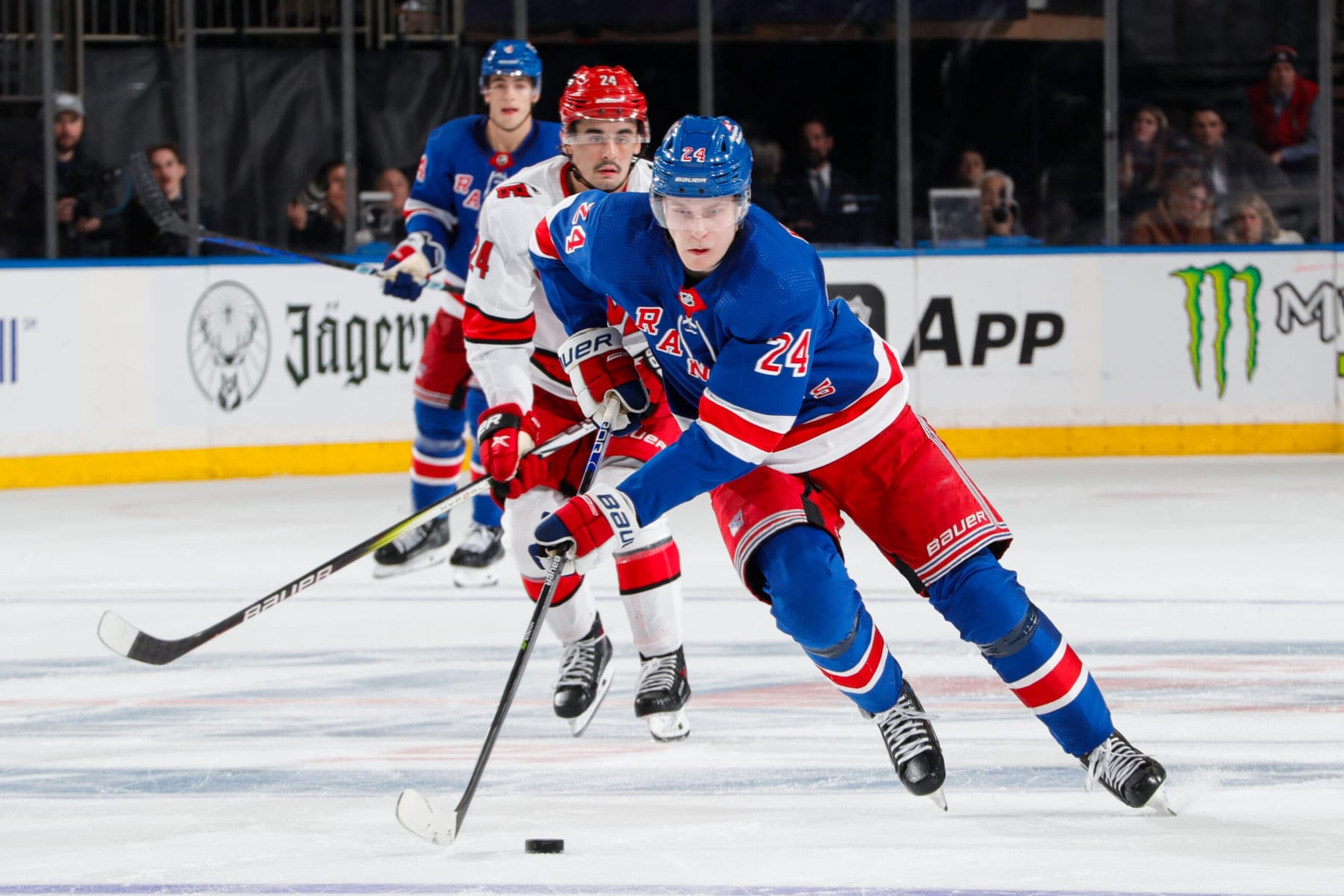 NEW YORK, NEW YORK - NOVEMBER 02:  Kaapo Kakko #24 of the New York Rangers skates with the puck against the Carolina Hurricanes at Madison Square Garden on November 2, 2023 in New York City. (Photo by Jared Silber/NHLI via Getty Images)