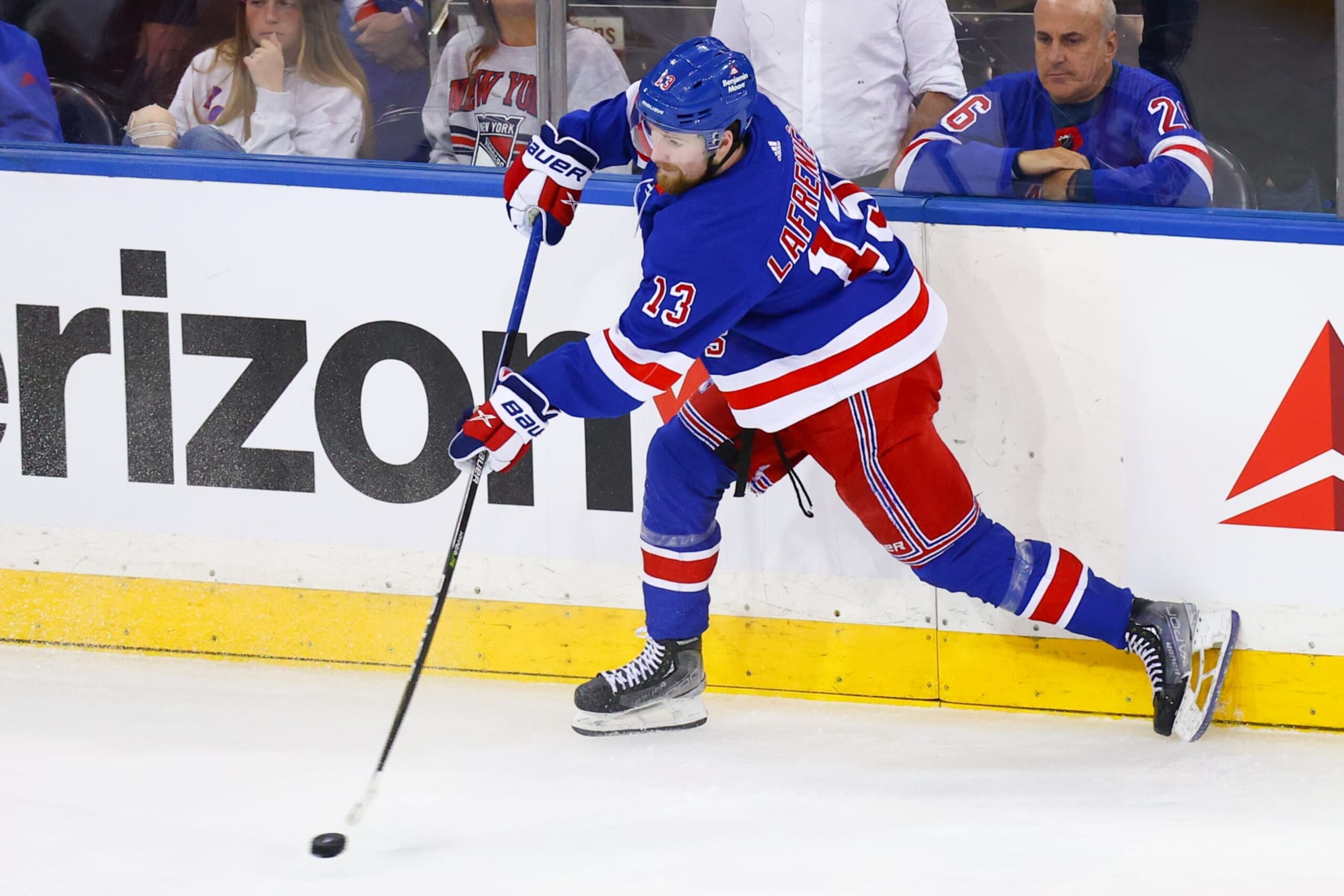NEW YORK, NY - APRIL 24: New York Rangers Left Wing Alexis Lafreniere (13) takes a shot on goal during the second period of Game 4 of the National Hockey League Eastern Conference First Round between the New Jersey Devils and the New York Rangers on April 24, 2023 at Madison Square Garden in New York, NY. (Photo by Joshua Sarner/Icon Sportswire via Getty Images)