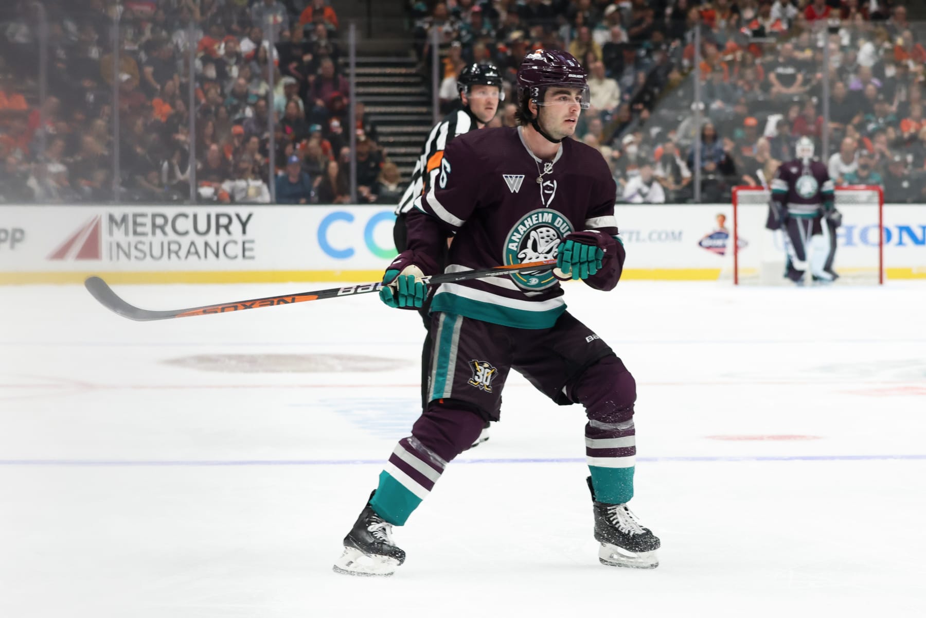ANAHEIM, CA  OCTOBER 15: Jamie Drysdale #6 of the Anaheim Ducks skates during the game against the Carolina Hurricanes on October 15, 2023 at Honda Center in Anaheim, California. (Photo by Debora Robinson/NHLI via Getty Images)