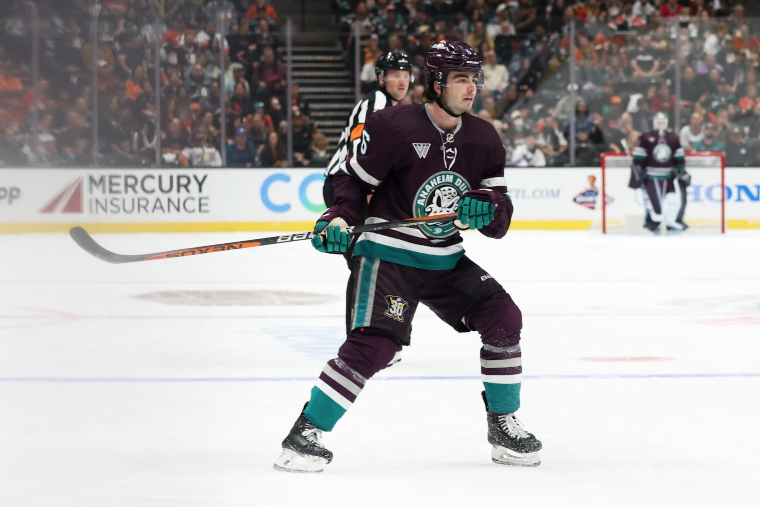 ANAHEIM, CA  OCTOBER 15: Jamie Drysdale #6 of the Anaheim Ducks skates during the game against the Carolina Hurricanes on October 15, 2023 at Honda Center in Anaheim, California. (Photo by Debora Robinson/NHLI via Getty Images)