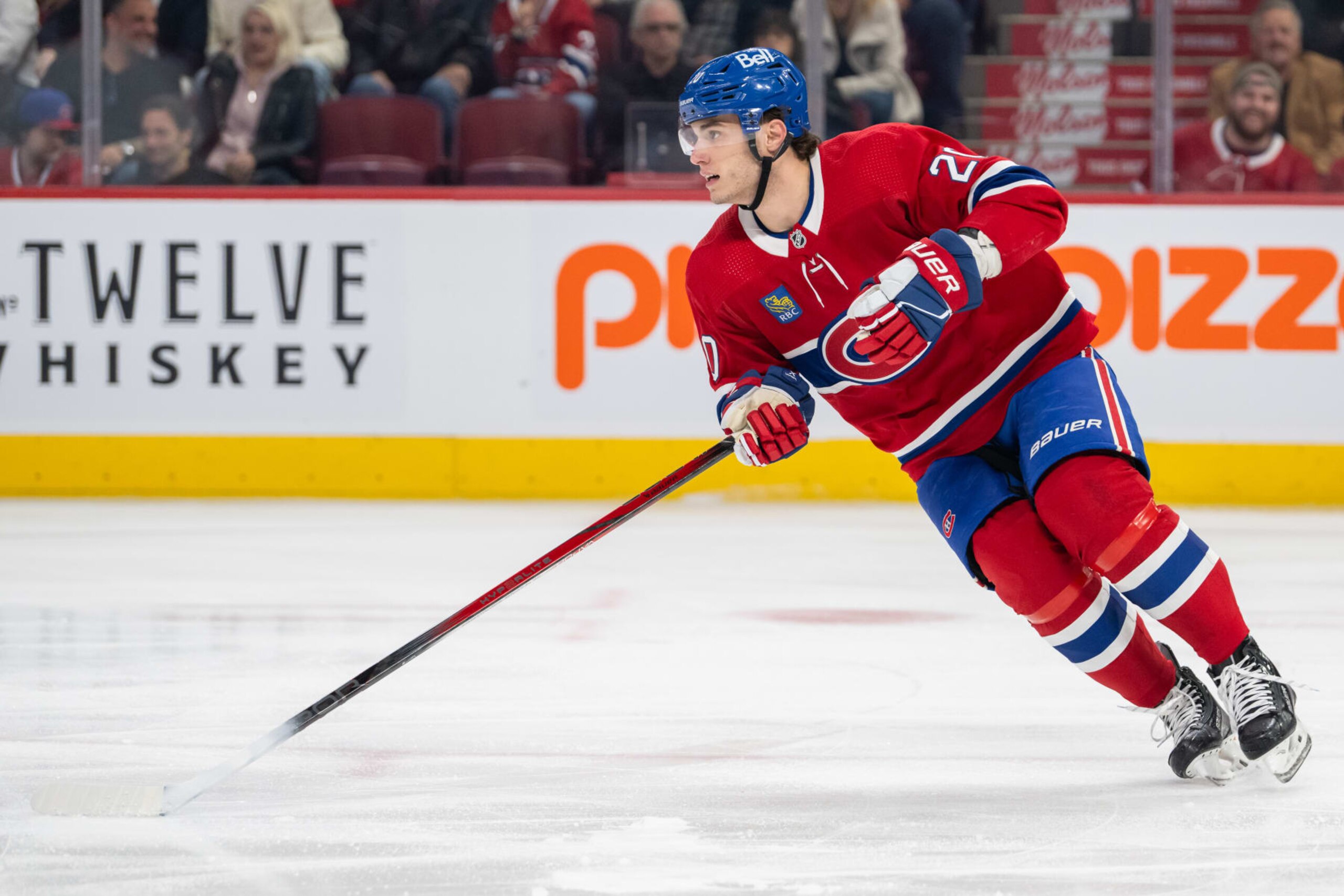 MONTREAL, QC - OCTOBER 28:Juraj Slafkovsky (20) of the Montreal Canadiens skates  during the first period of the NHL game between the Winnipeg Jets and the Montreal Canadiens on October 28, 2023, at the Bell Centre in Montreal, QC(Photo by Vincent Ethier/Icon Sportswire via Getty Images)