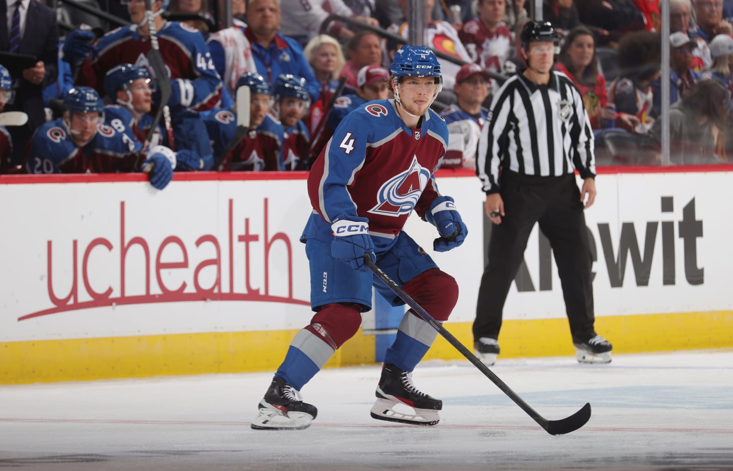 DENVER, COLORADO - OCTOBER 19: | of the Colorado Avalanche looks on during a game against the Chicago Blackhawks at Ball Arena on October 19, 2023 in Denver, Colorado. (Photo by Michael Martin/NHLI via Getty Images)