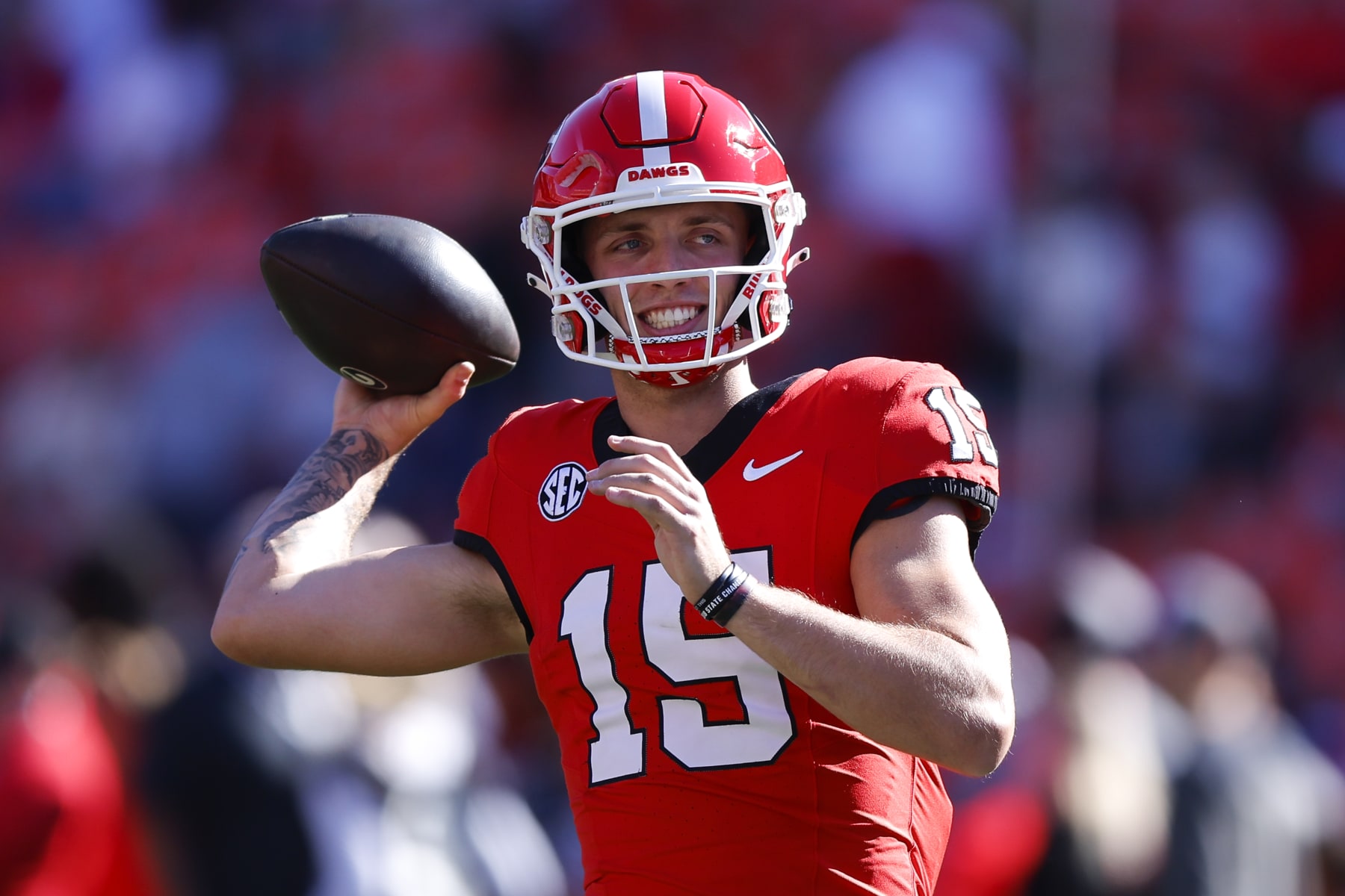 ATHENS, GEORGIA - NOVEMBER 4: Carson Beck #15 of the Georgia Bulldogs warms up prior to the game against the Missouri Tigers at Sanford Stadium on November 4, 2023 in Athens, Georgia. (Photo by Todd Kirkland/Getty Images)