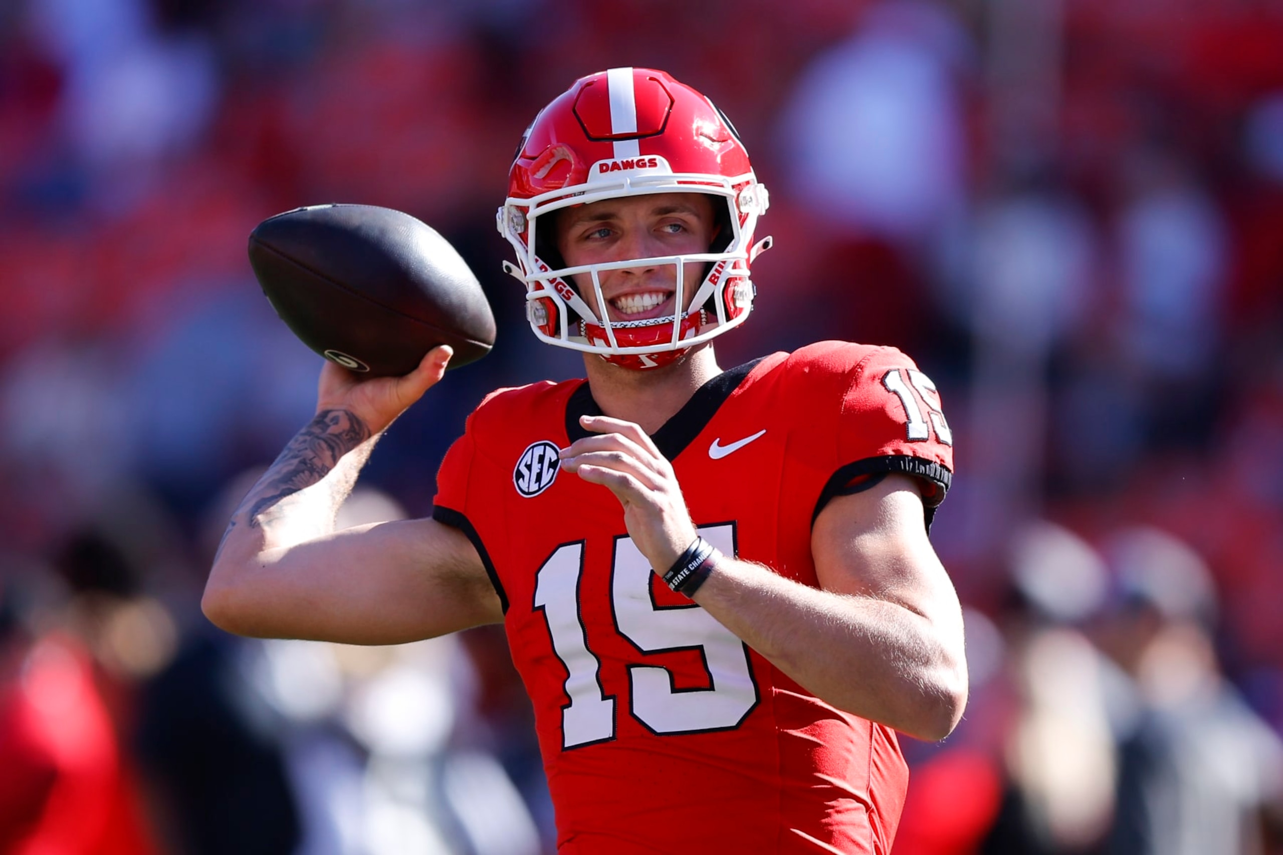 ATHENS, GEORGIA - NOVEMBER 4: Carson Beck #15 of the Georgia Bulldogs warms up prior to the game against the Missouri Tigers at Sanford Stadium on November 4, 2023 in Athens, Georgia. (Photo by Todd Kirkland/Getty Images)