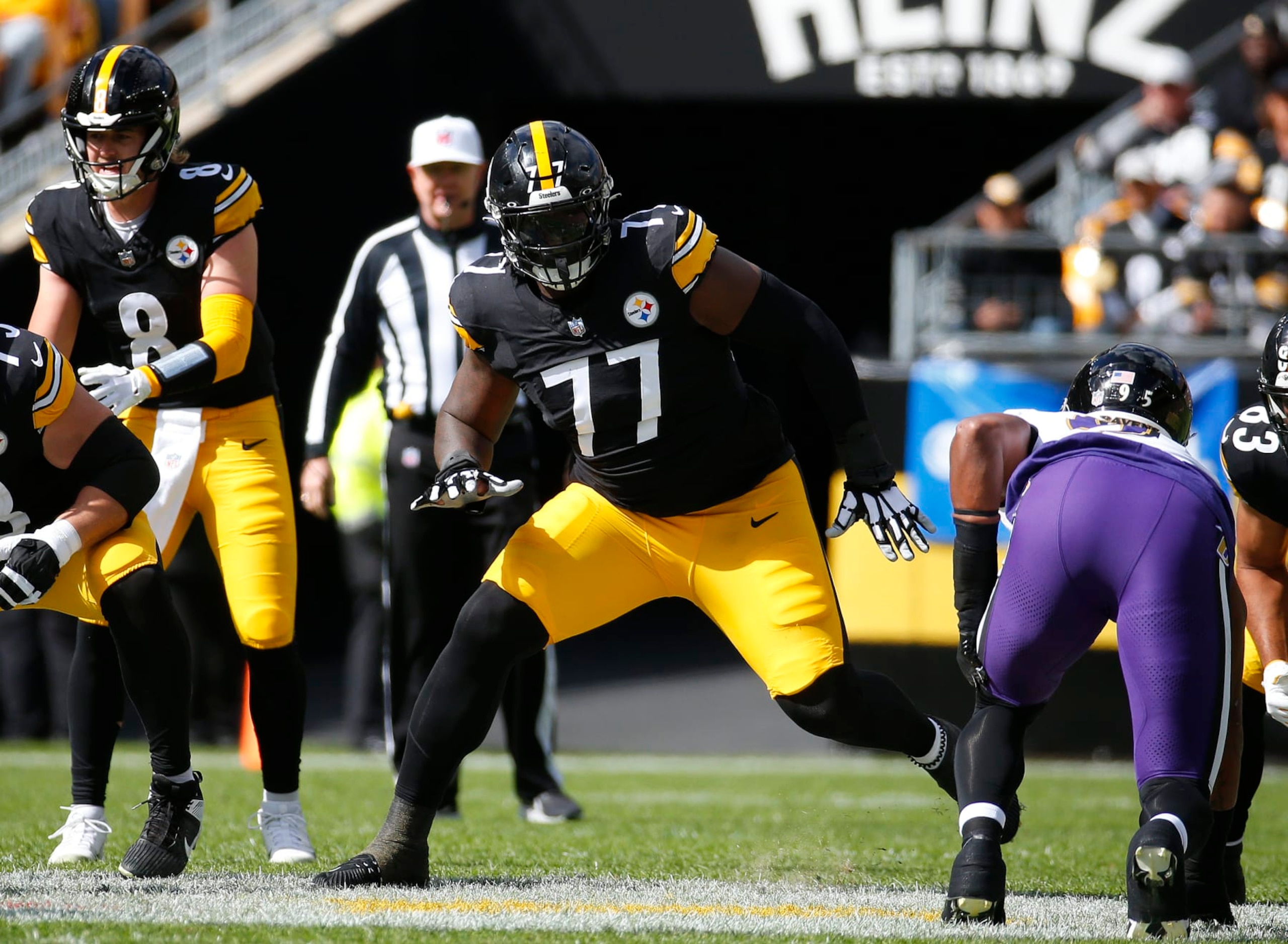 PITTSBURGH, PA - OCTOBER 08:  Broderick Jones #77 of the Pittsburgh Steelers in action against the Baltimore Ravens on October 8, 2023 at Acrisure Stadium in Pittsburgh, Pennsylvania.  (Photo by Justin K. Aller/Getty Images)