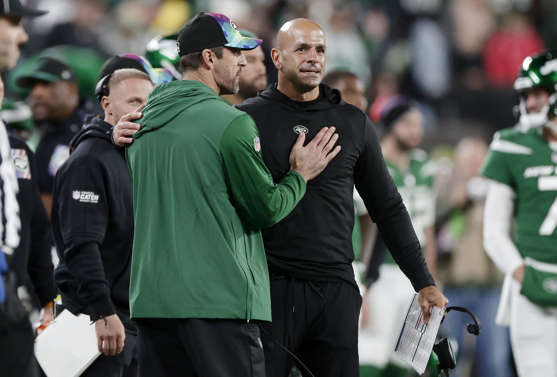 EAST RUTHERFORD, NEW JERSEY - OCTOBER 15: (NEW YORK DAILIES)  Head coach Robert Saleh and Aaron Rodgers #8 of the New York Jets react late in a game against the Philadelphia Eagles at MetLife Stadium on October 15, 2023 in East Rutherford, New Jersey. The Jets defeated the Eagles 20-14. (Photo by Jim McIsaac/Getty Images)
