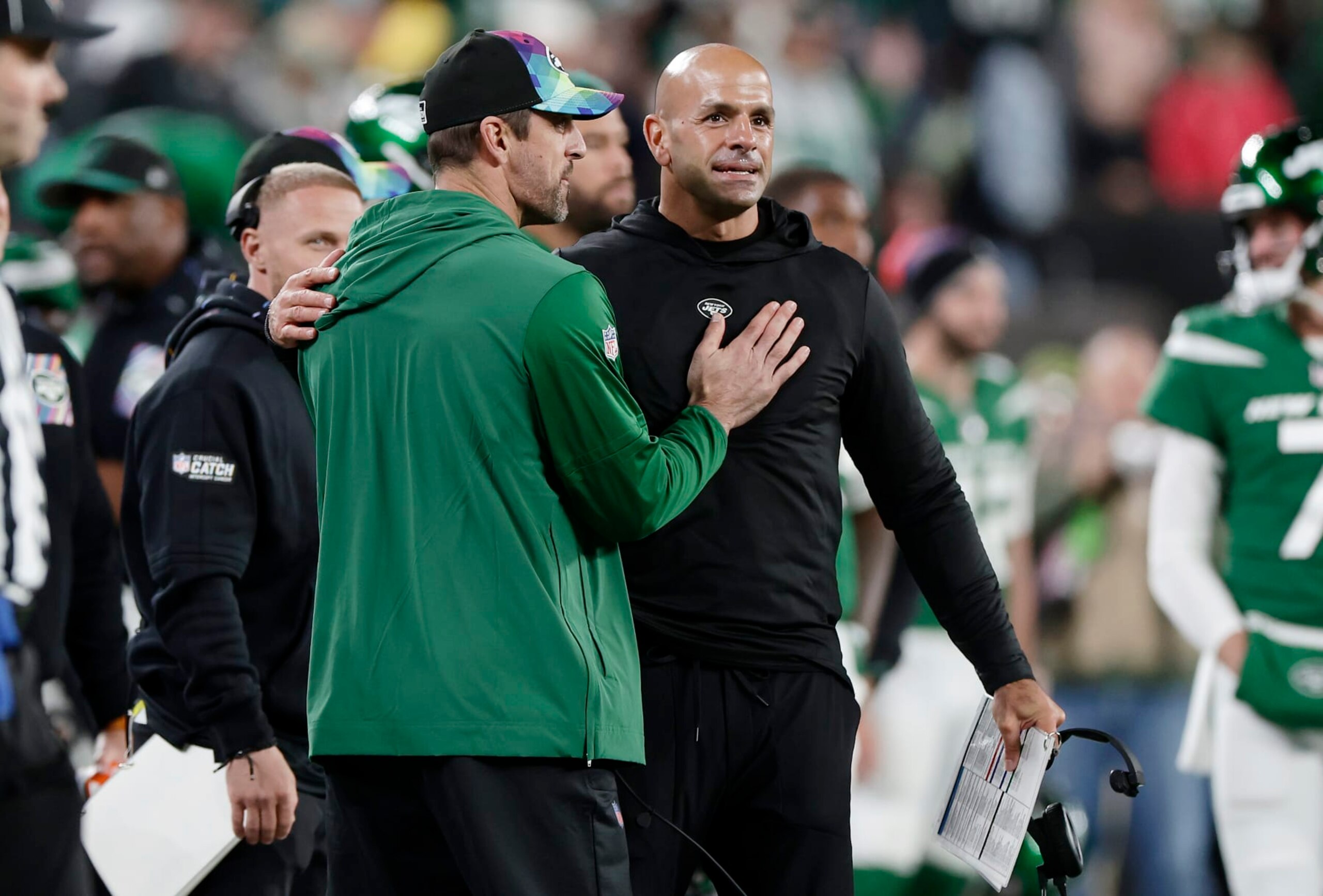 EAST RUTHERFORD, NEW JERSEY - OCTOBER 15: (NEW YORK DAILIES)  Head coach Robert Saleh and Aaron Rodgers #8 of the New York Jets react late in a game against the Philadelphia Eagles at MetLife Stadium on October 15, 2023 in East Rutherford, New Jersey. The Jets defeated the Eagles 20-14. (Photo by Jim McIsaac/Getty Images)