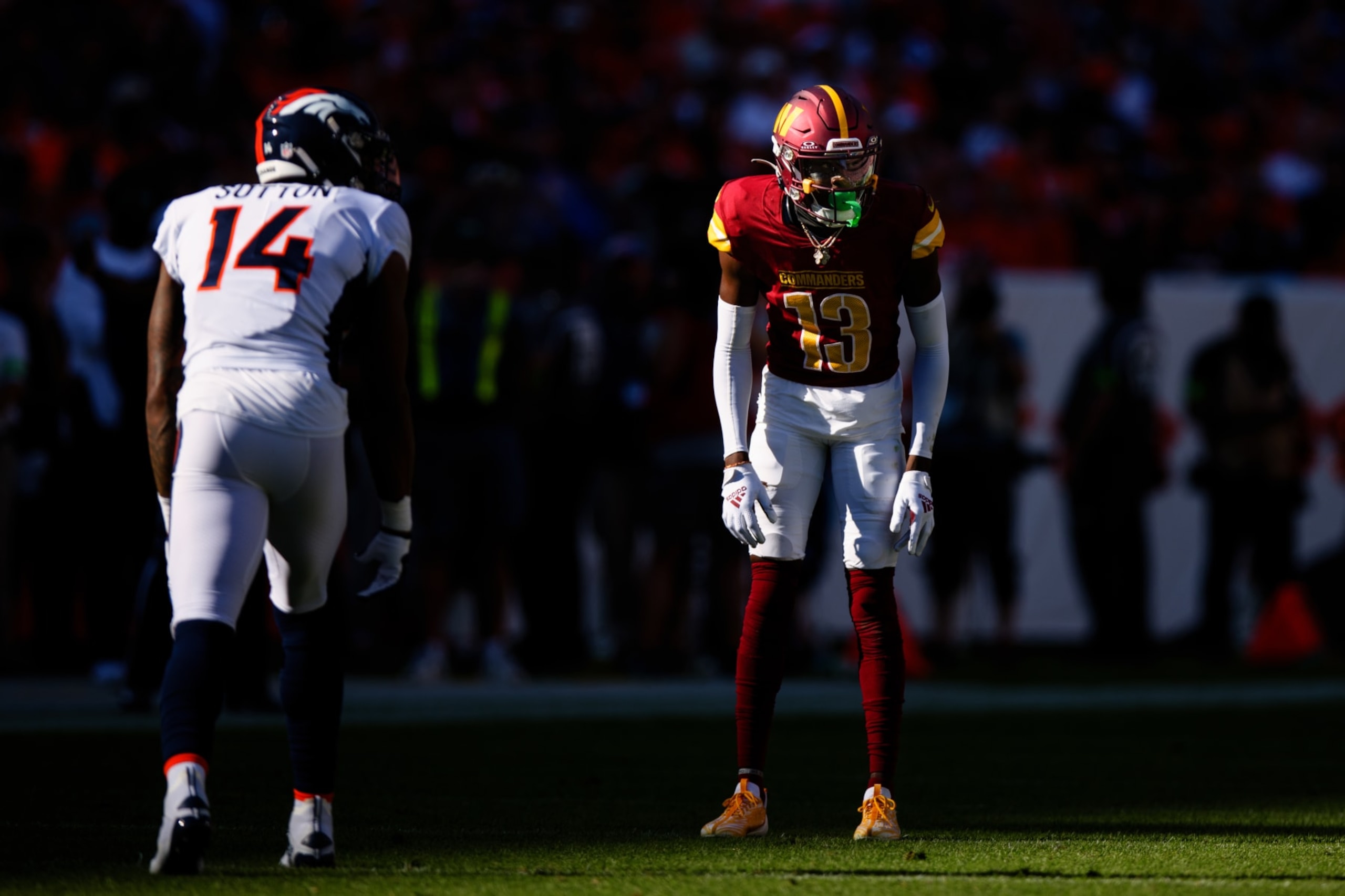 DENVER, CO - SEPTEMBER 17:  Cornerback Emmanuel Forbes #13 of the Washington Commanders lines up against wide receiver Courtland Sutton #14 of the Denver Broncos during the third quarter at Empower Field at Mile High on September 17, 2023 in Denver, Colorado. (Photo by Justin Edmonds/Getty Images)