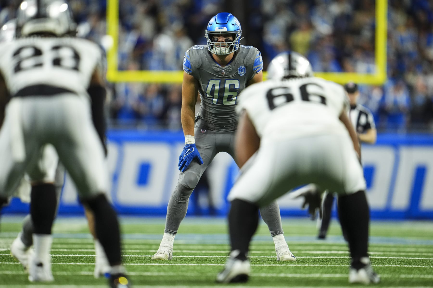 DETROIT, MI - OCTOBER 30: Jack Campbell #46 of the Detroit Lions lines up during an NFL game against the Las Vegas Raiders at Ford Field on October 30, 2023 in Detroit, Michigan. (Photo by Cooper Neill/Getty Images)