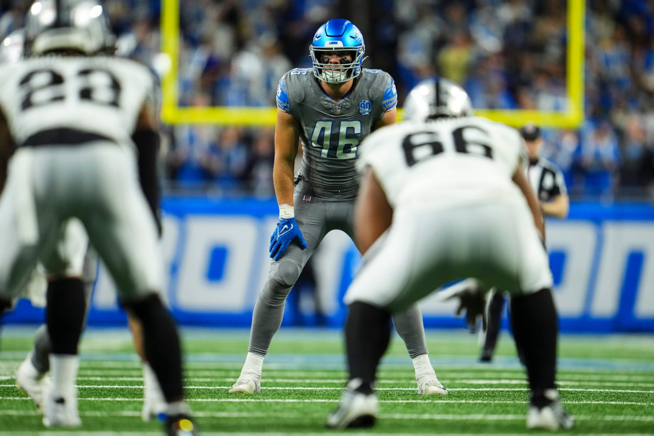 DETROIT, MI - OCTOBER 30: Jack Campbell #46 of the Detroit Lions lines up during an NFL game against the Las Vegas Raiders at Ford Field on October 30, 2023 in Detroit, Michigan. (Photo by Cooper Neill/Getty Images)