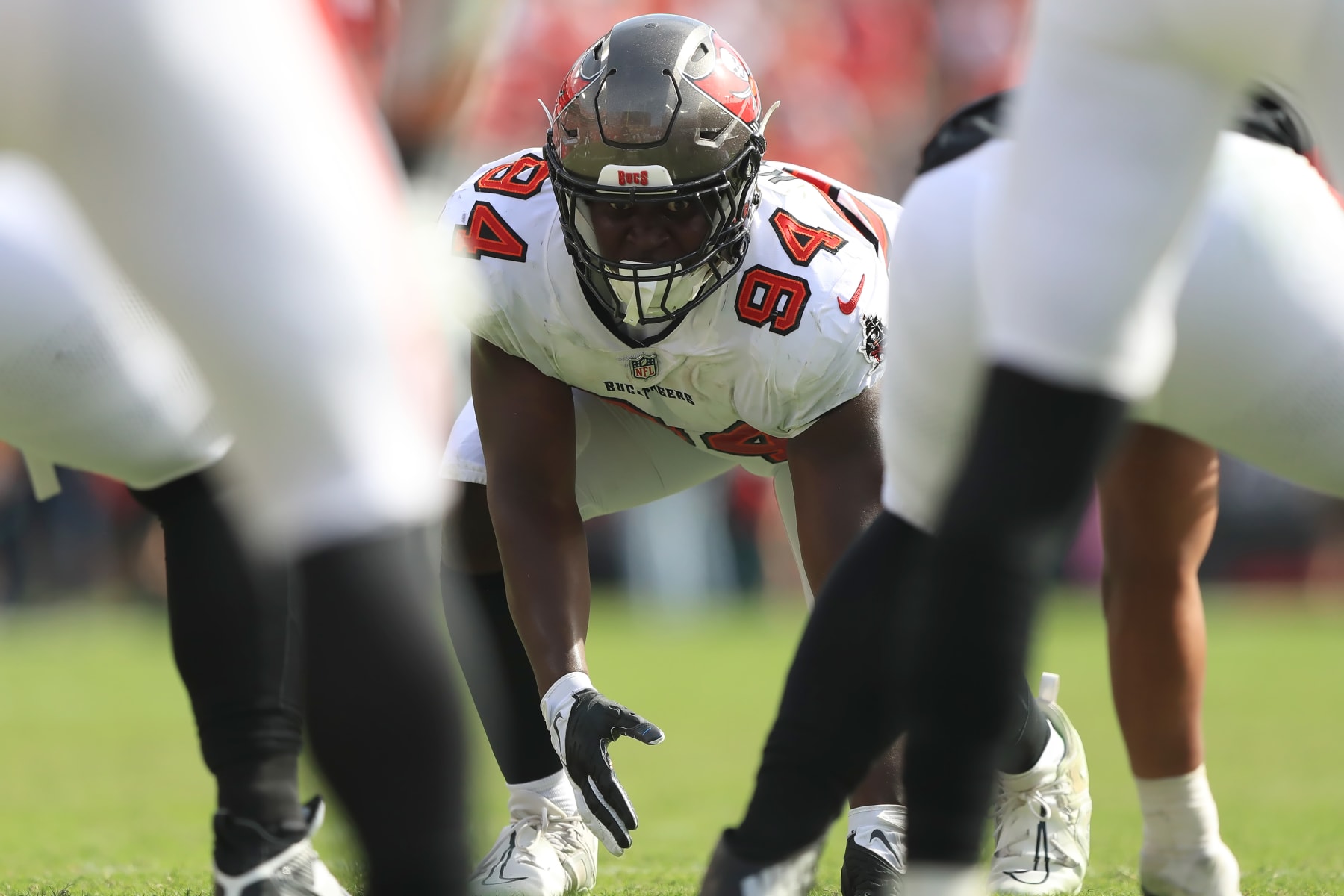 TAMPA, FL - OCTOBER 22: Tampa Bay Buccaneers Defensive End Calijah Kancey (94) looks into the offensive backfield during the regular season game between the Atlanta Falcons and the Tampa Bay Buccaneers on October 22, 2023 at Raymond James Stadium in Tampa, Florida. (Photo by Cliff Welch/Icon Sportswire via Getty Images)