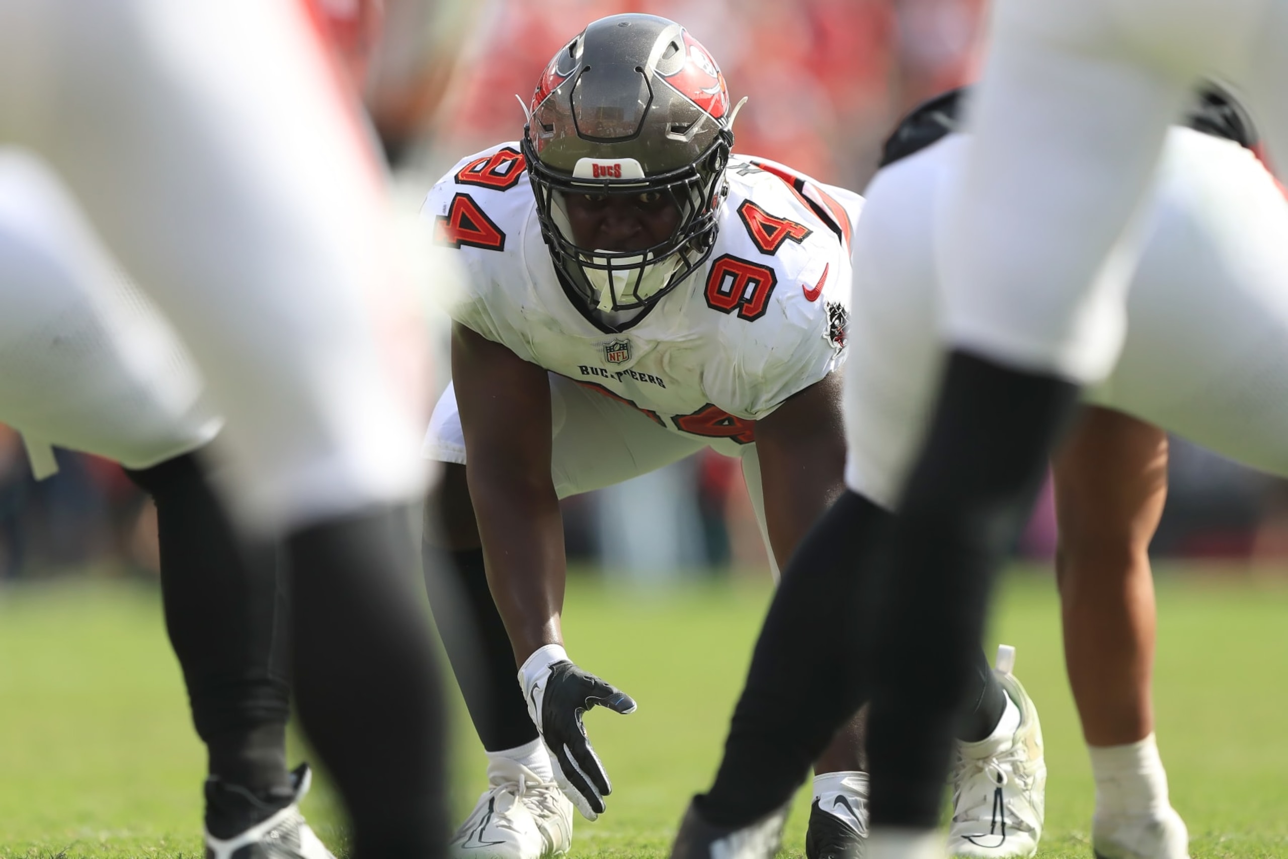 TAMPA, FL - OCTOBER 22: Tampa Bay Buccaneers Defensive End Calijah Kancey (94) looks into the offensive backfield during the regular season game between the Atlanta Falcons and the Tampa Bay Buccaneers on October 22, 2023 at Raymond James Stadium in Tampa, Florida. (Photo by Cliff Welch/Icon Sportswire via Getty Images)