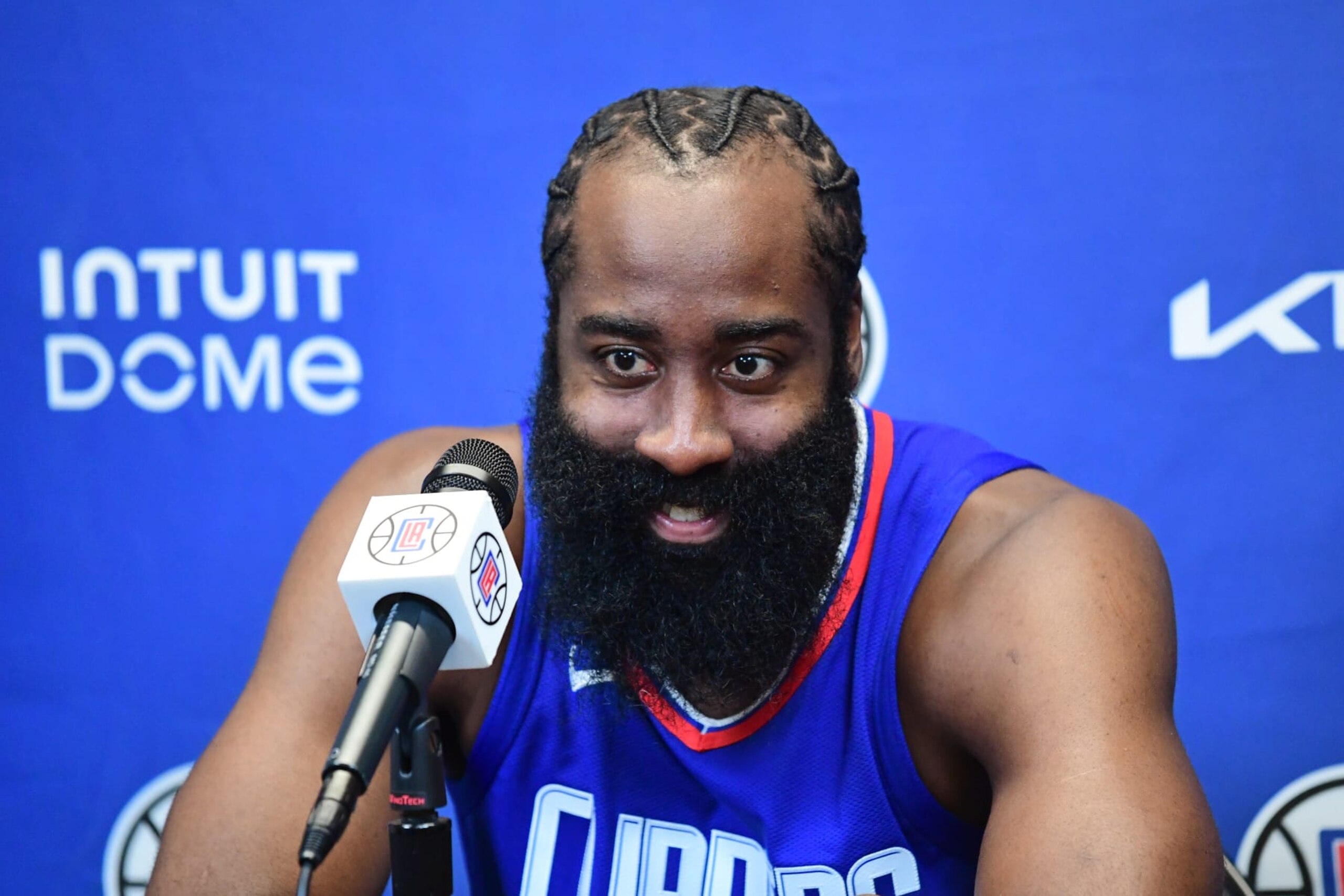 PLAYA VISTA, CA - NOVEMBER 02: James Harden #1 of the LA Clippers speaks to the media during a press conference at Honey Training Center on November 02, 2023 in Playa Vista, California. NOTE TO USER: User expressly acknowledges and agrees that, by downloading and/or using this Photograph, user is consenting to the terms and conditions of the Getty Images License Agreement. Mandatory Copyright Notice: Copyright 2023 NBAE (Photo by Adam Pantozzi/NBAE via Getty Images)
