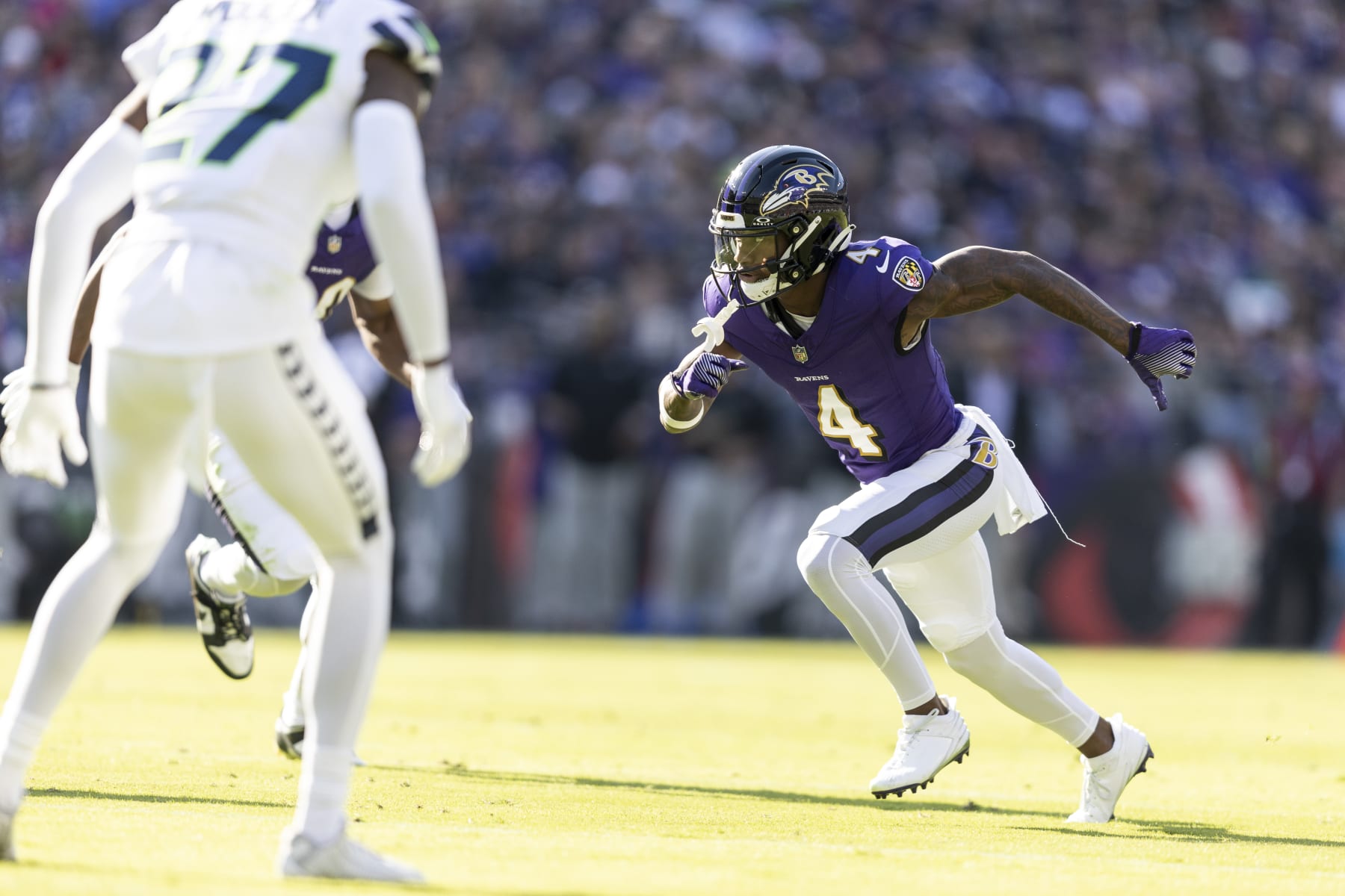 BALTIMORE, MARYLAND - NOVEMBER 05: Zay Flowers #4 of the Baltimore Ravens runs a route during an NFL football game between the Baltimore Ravens and the Seattle Seahawks at M&T Bank Stadium on November 05, 2023 in Baltimore, Maryland. (Photo by Michael Owens/Getty Images)